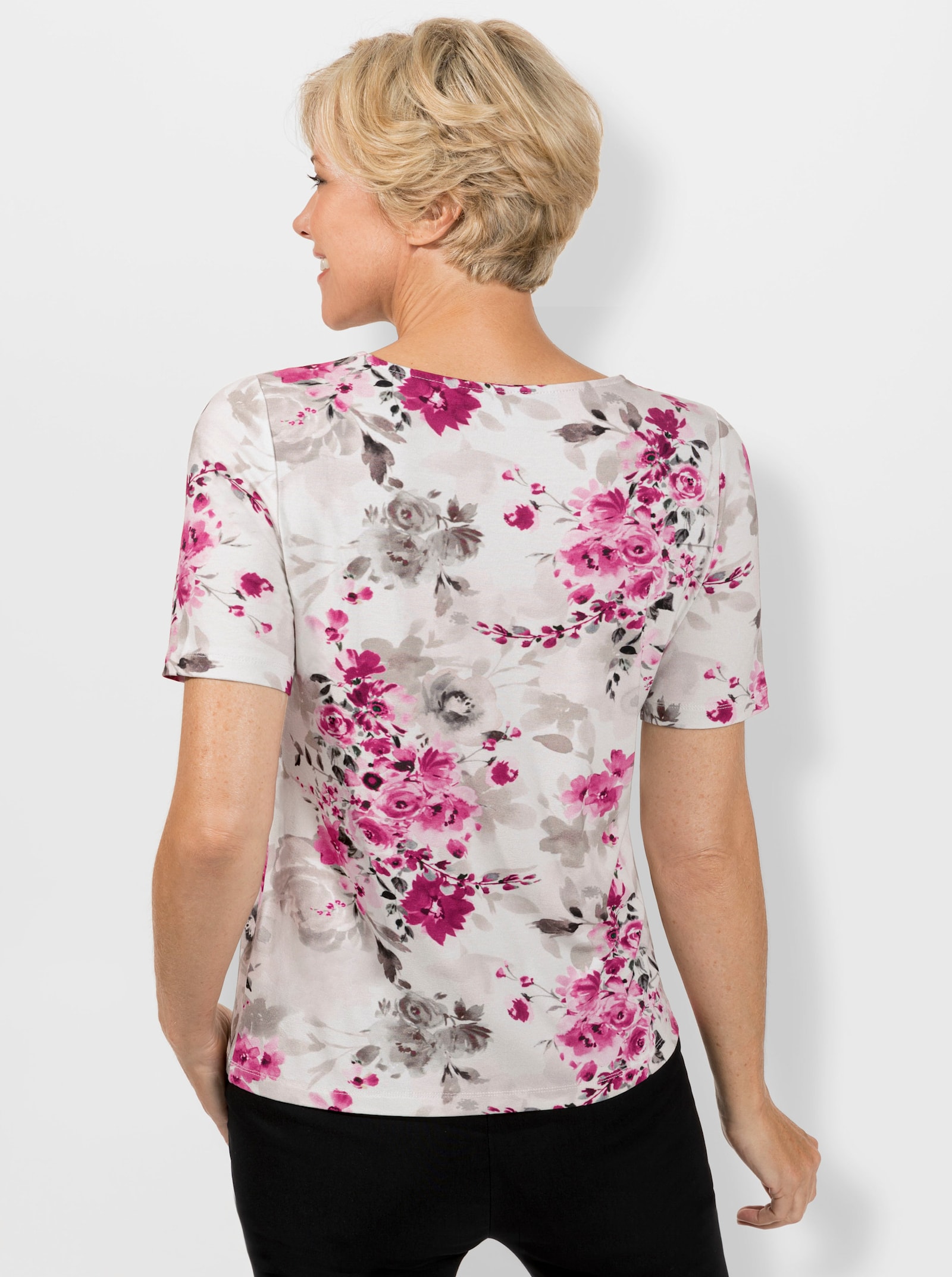 Rundhalsshirt mit Blumen-Print, Viskose - ecru-erika-bedruckt