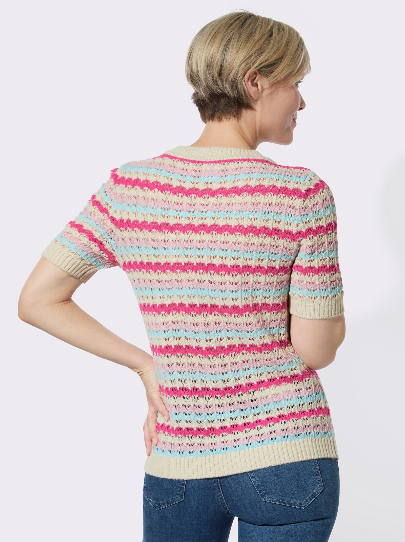 Ajourpullover mit Ringel-Muster - sand-fuchsia-geringelt