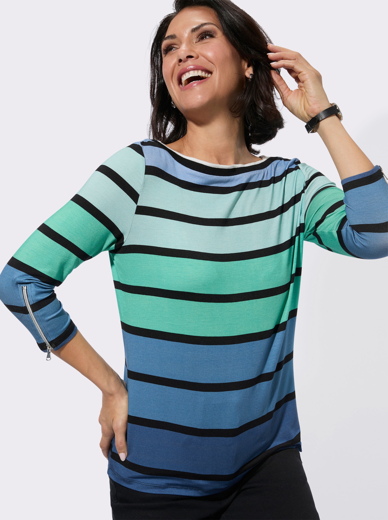 3/4-Arm-Shirt mit U-Boot-Ausschnitt - blaugrün-schwarz-geringelt