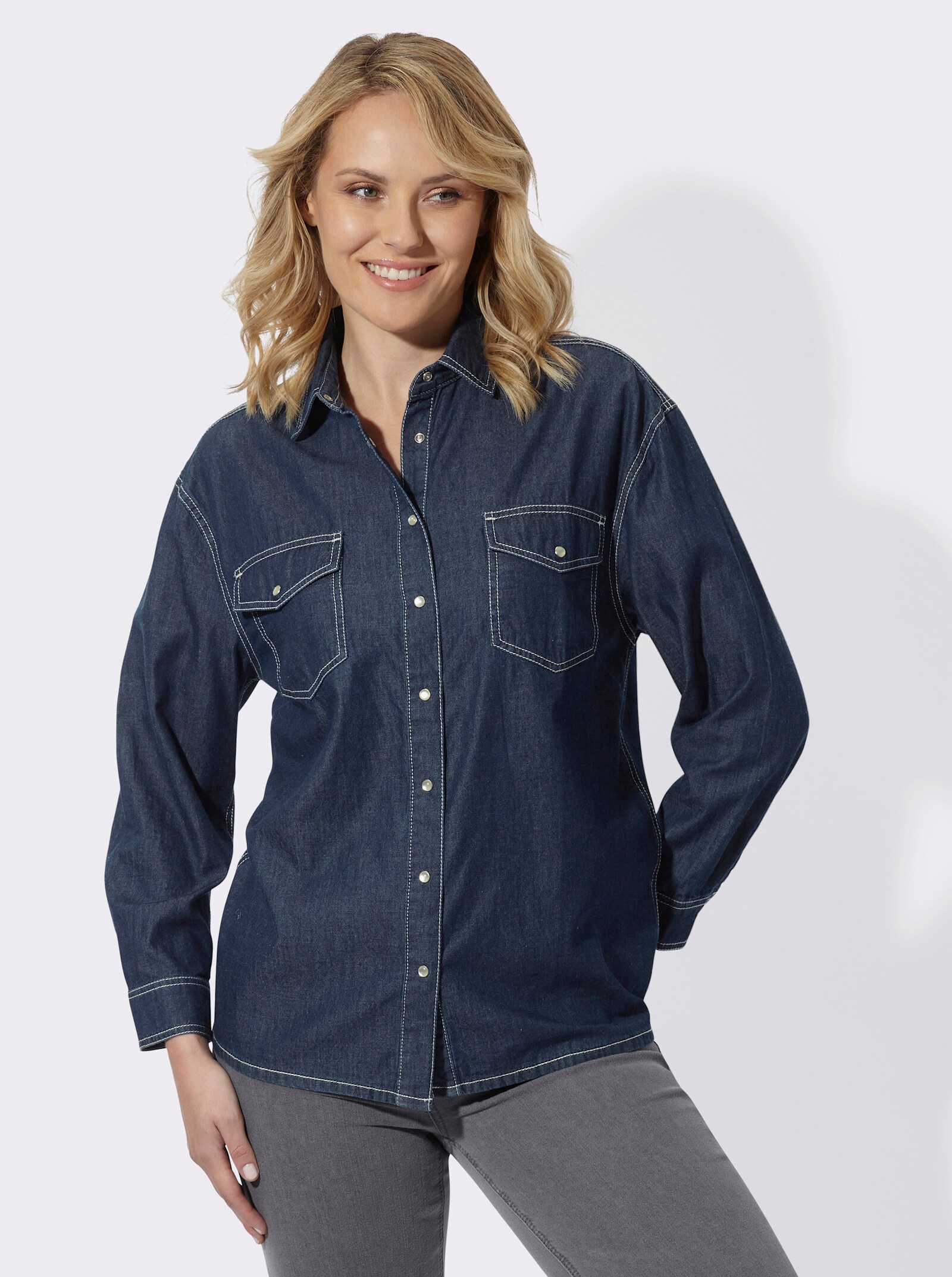 Jeansbluse mit überschnittenen Schultern - blue-stone-washed