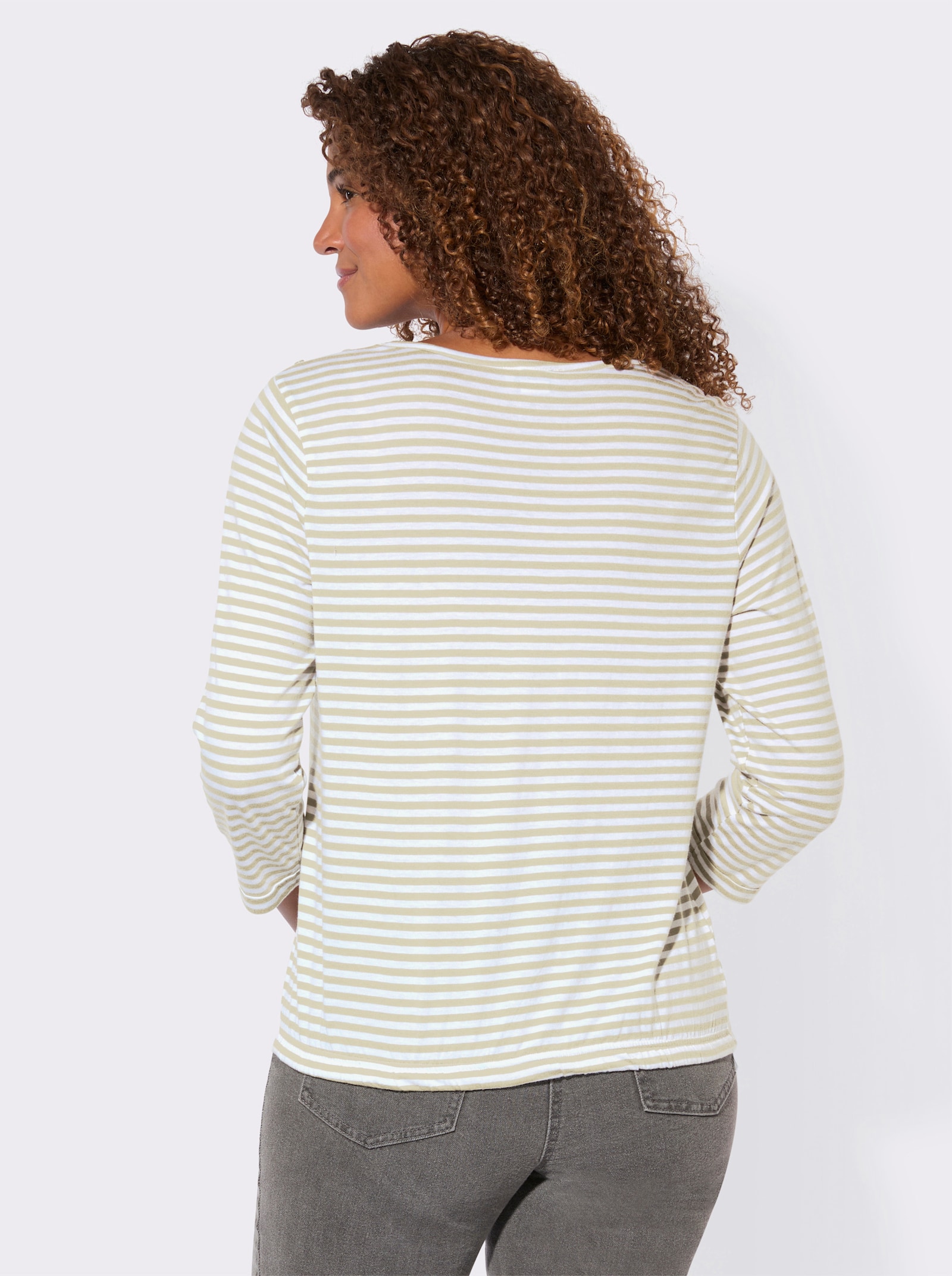 3/4-Arm-Shirt mit Kordel im Saum - sand-weiß-geringelt