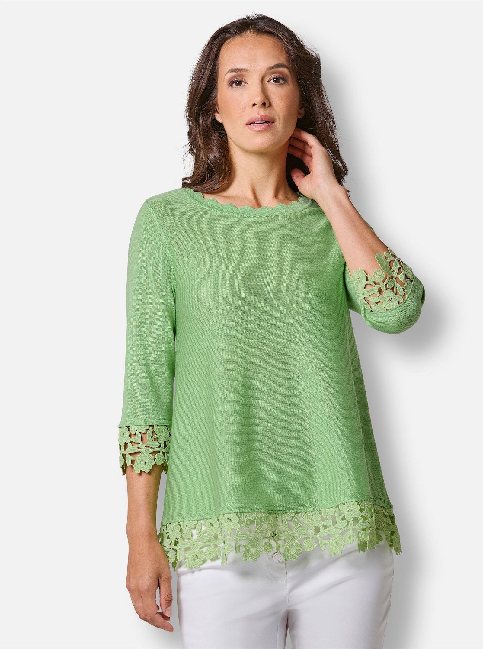 CREATION L PREMIUM Feinstrickpullover mit breitem Spitzenabschlusss - reseda