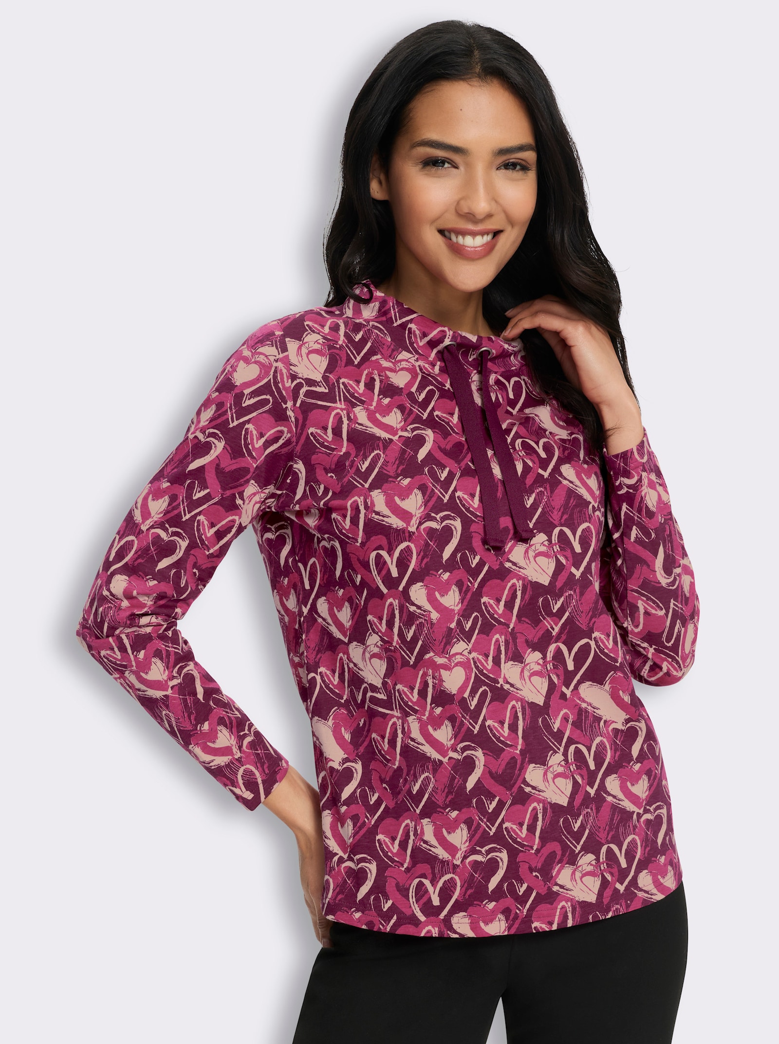 Stehkragenshirt im Herz-Dessin - malve-fuchsia-bedruckt