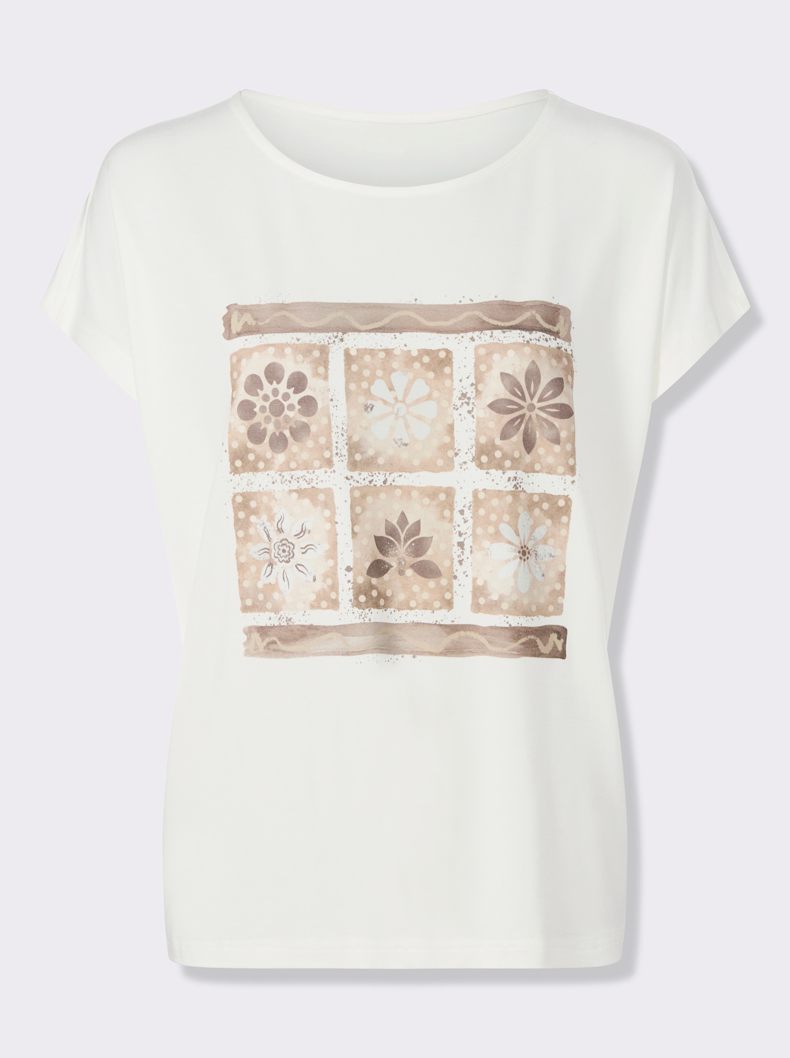 heine Kurzarmshirt mit Blüten-Frontprint - ecru-taupe-bedruckt