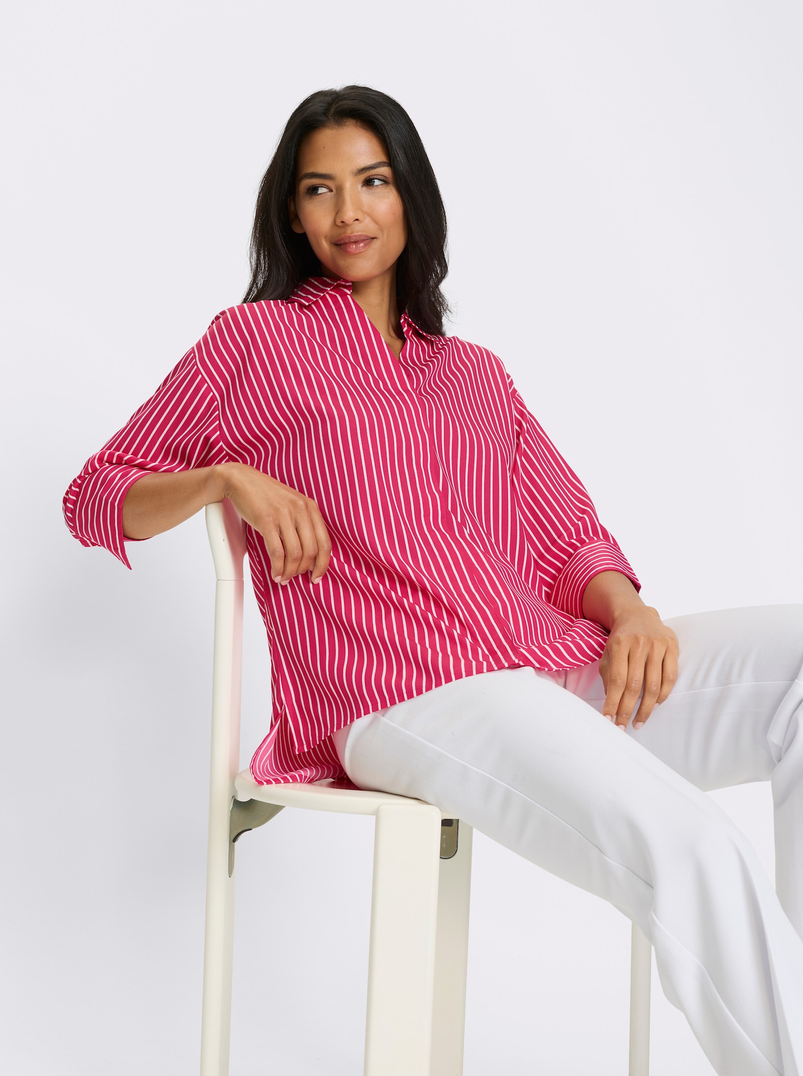 Longbluse mit Kellerfalte im Rückteil - weiss-pink-gestreift