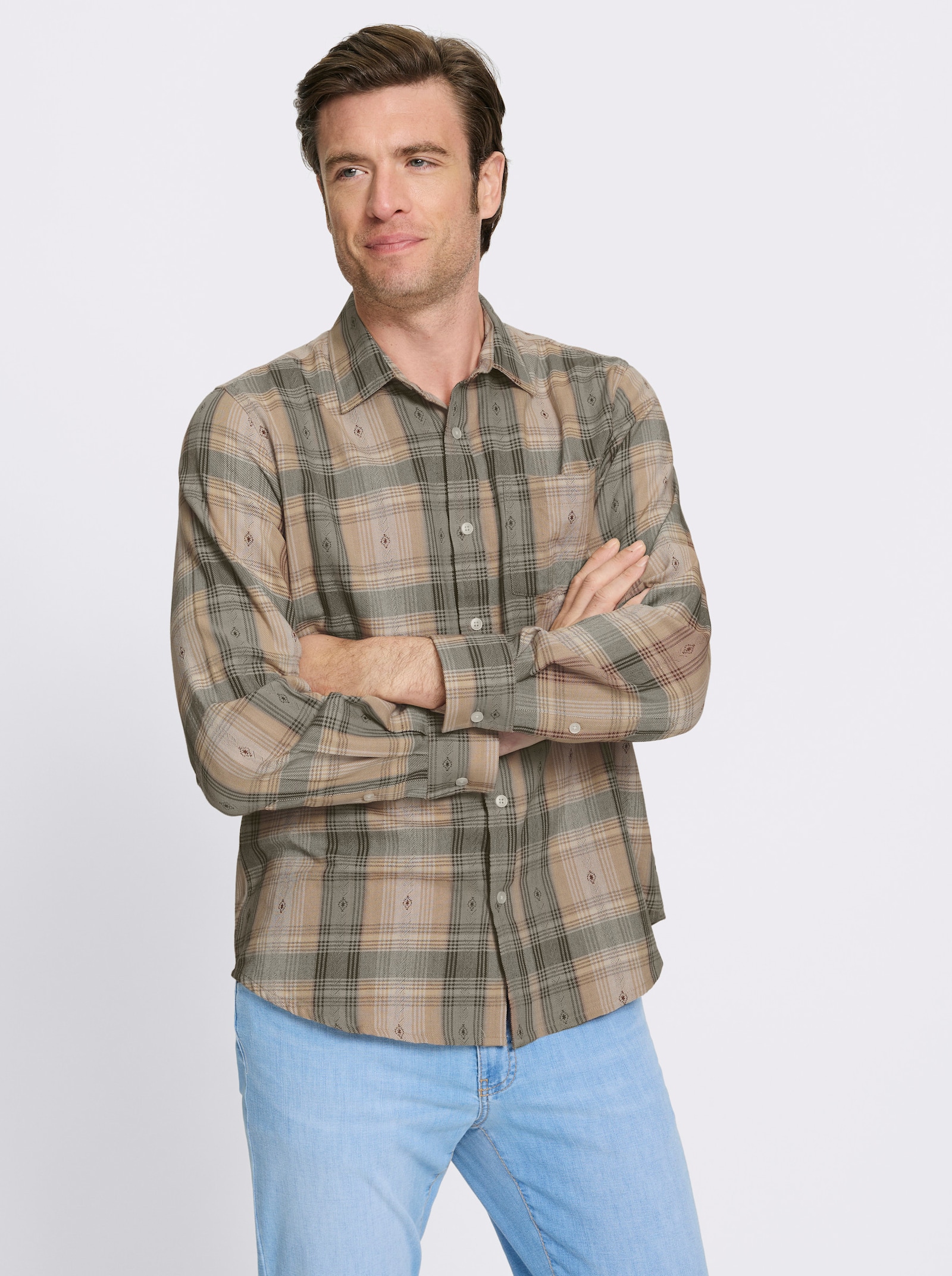 Catamaran Langarmhemd mit Tracht-Elementen - khaki-kariert