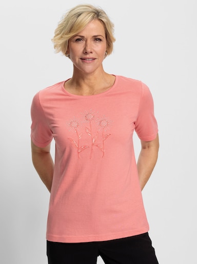 Kurzarmshirt mit Blümchenstickerei - flamingo