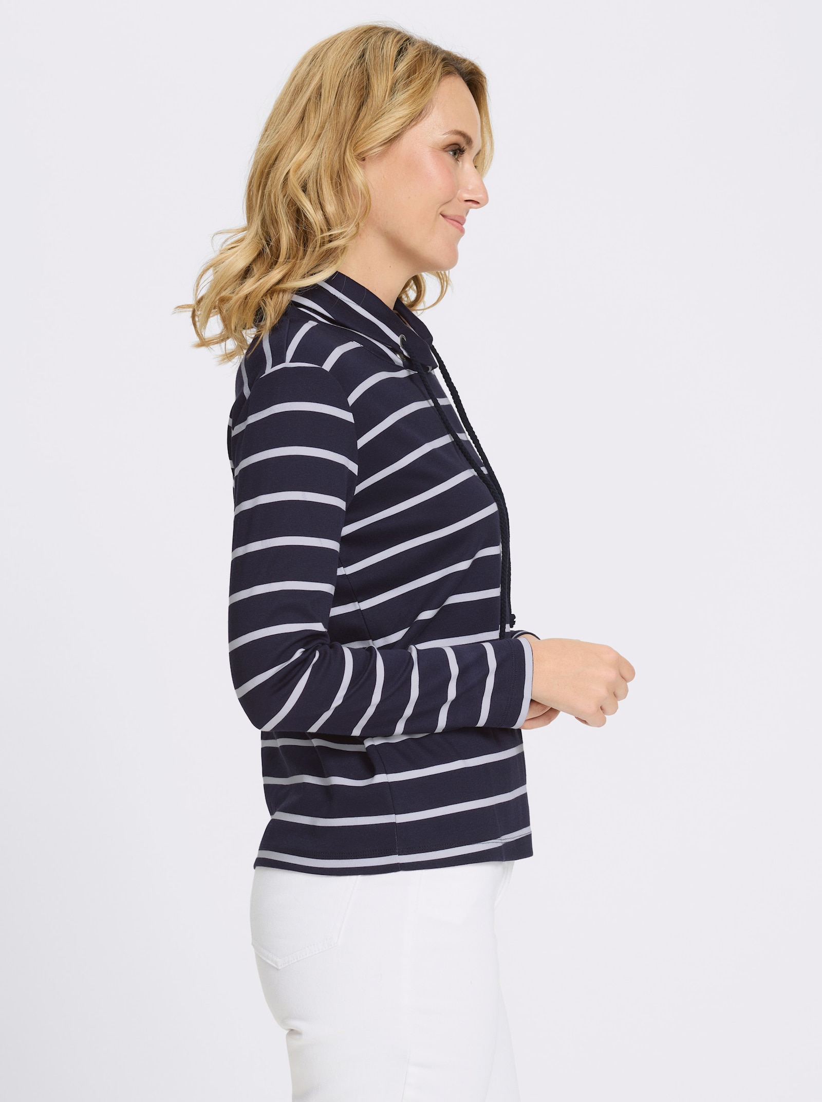 Sweatshirt mit überlappendem Kragen - marine-ecru-geringelt