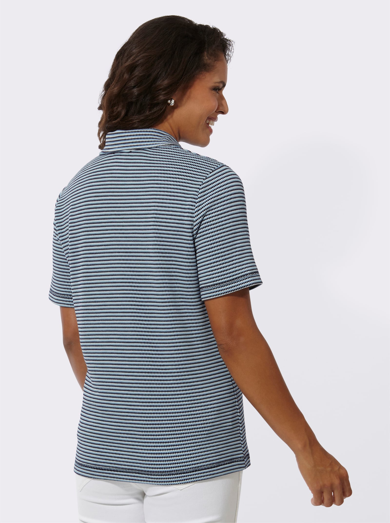 Shirtjasje met kangoeroezakken - marine/wit gedessineerd