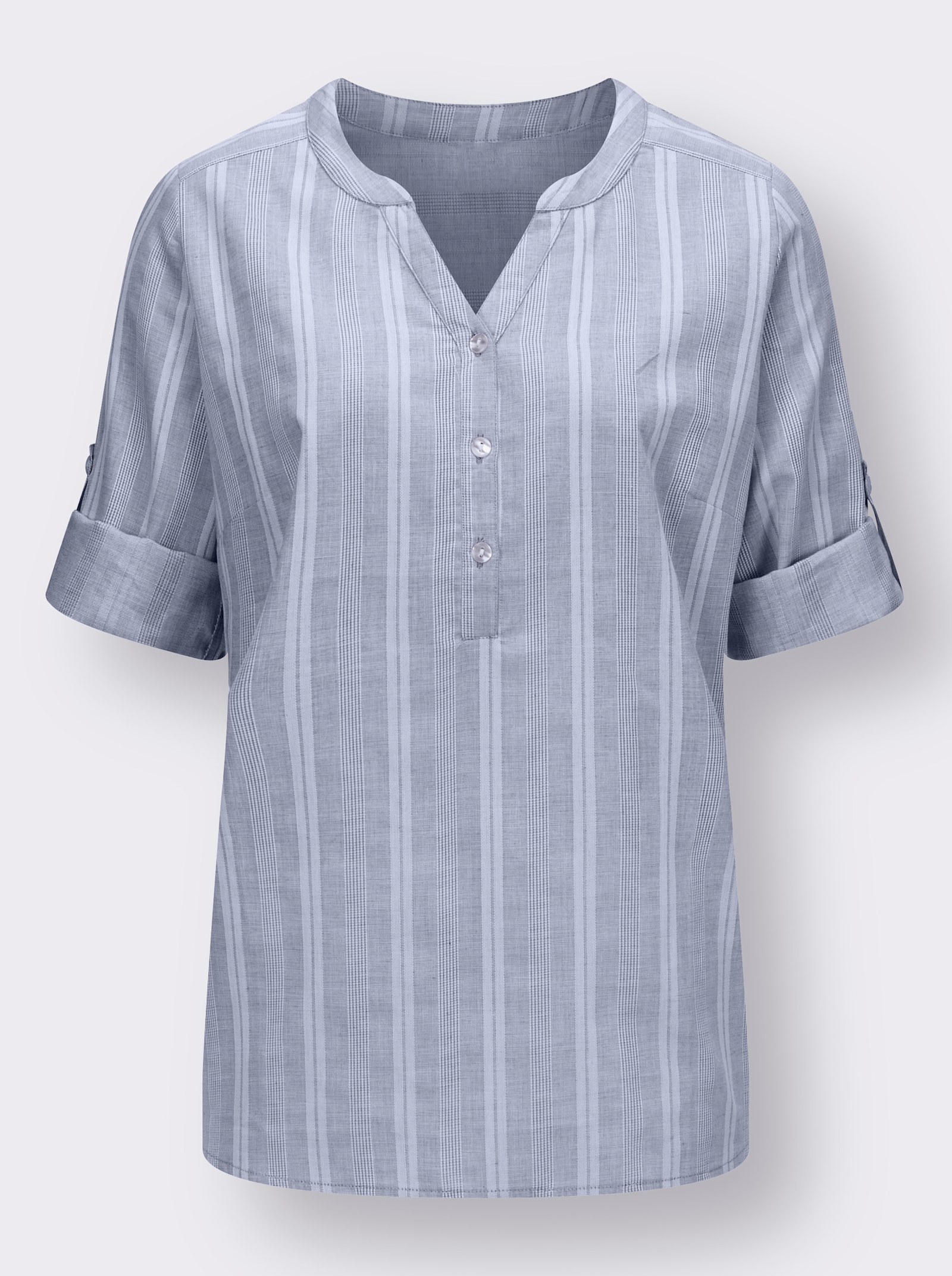 Navlékací halenka s proužky z barvené příze - holubí modrá-ecru-proužek