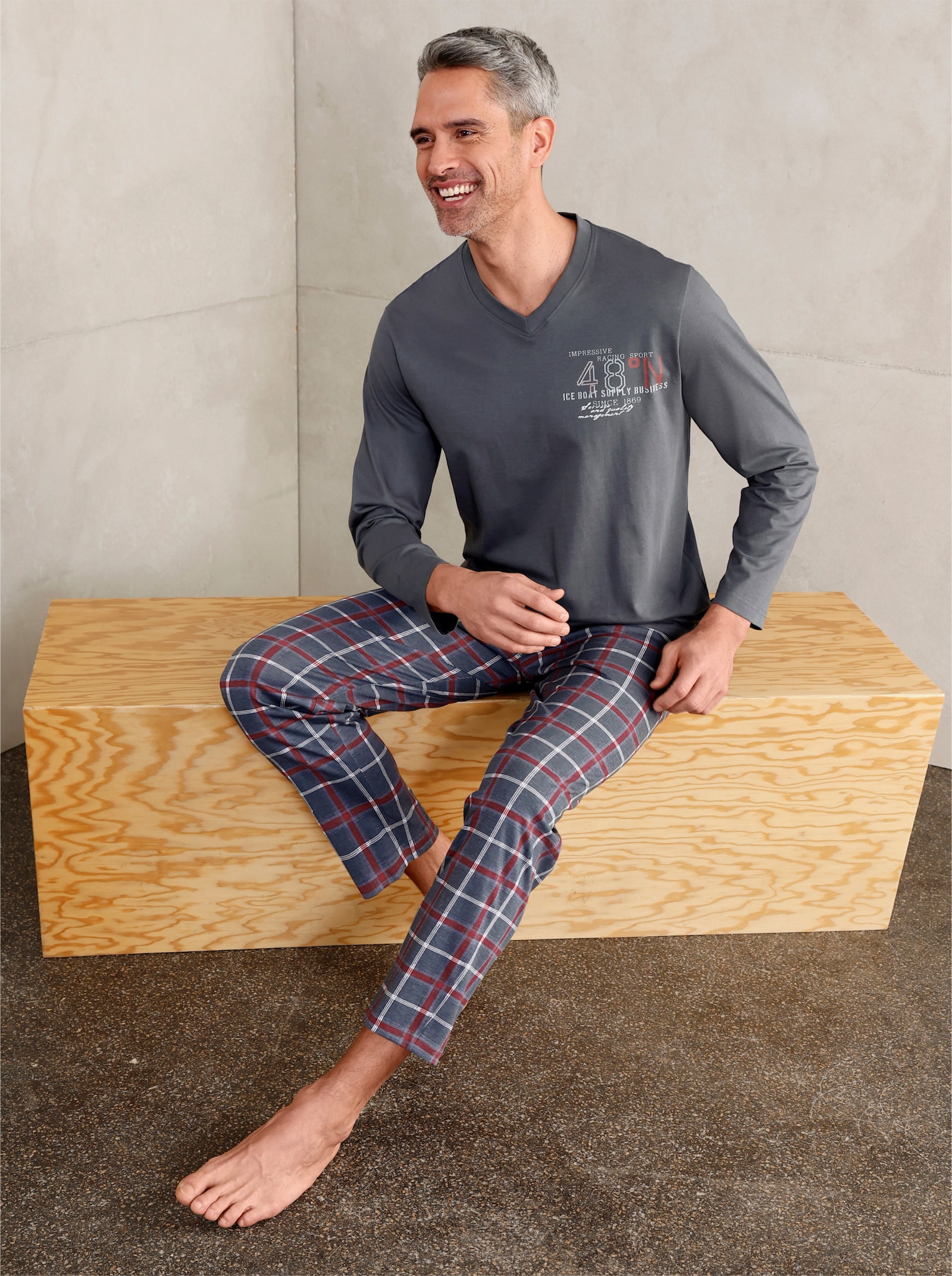 Comte Schlafanzug - anthrazit-rot-kariert