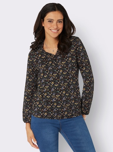 Langarmshirt mit Rüschen - schwarz-rotbraun-bedruckt