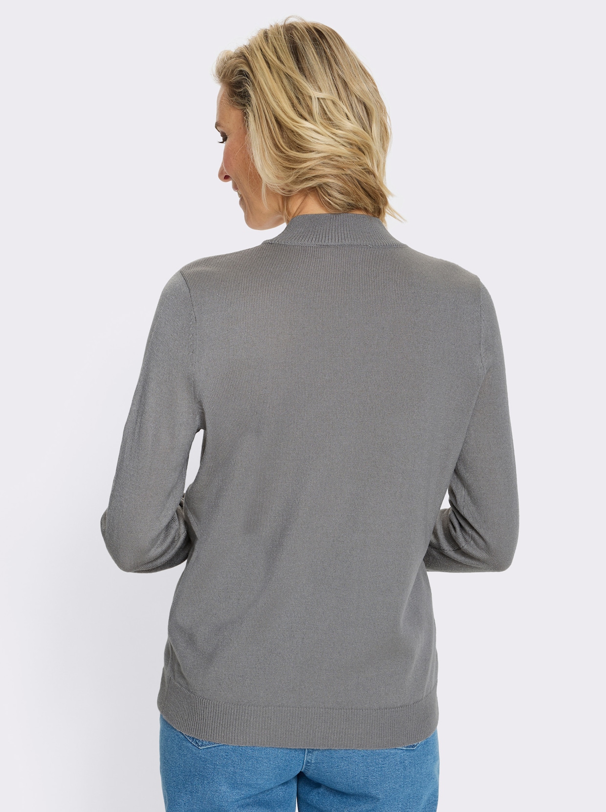 Stehkragenpullover mit Intarsienmuster - steingrau-schoko-gemustert