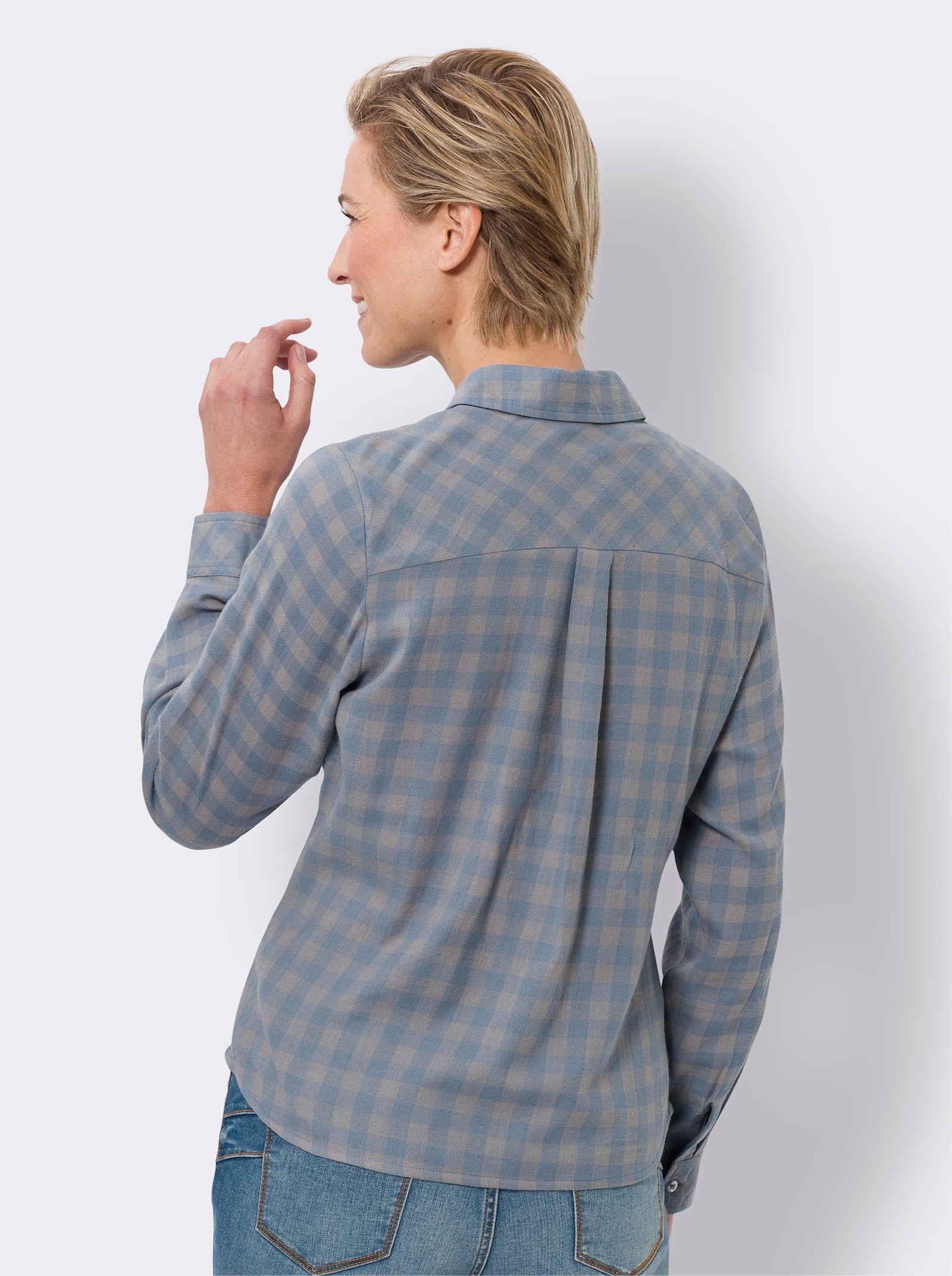 Flanellbluse mit Webkaro - taubenblau-kariert