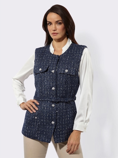 Longweste mit Stoffgürtel - dunkelblau-ecru-meliert