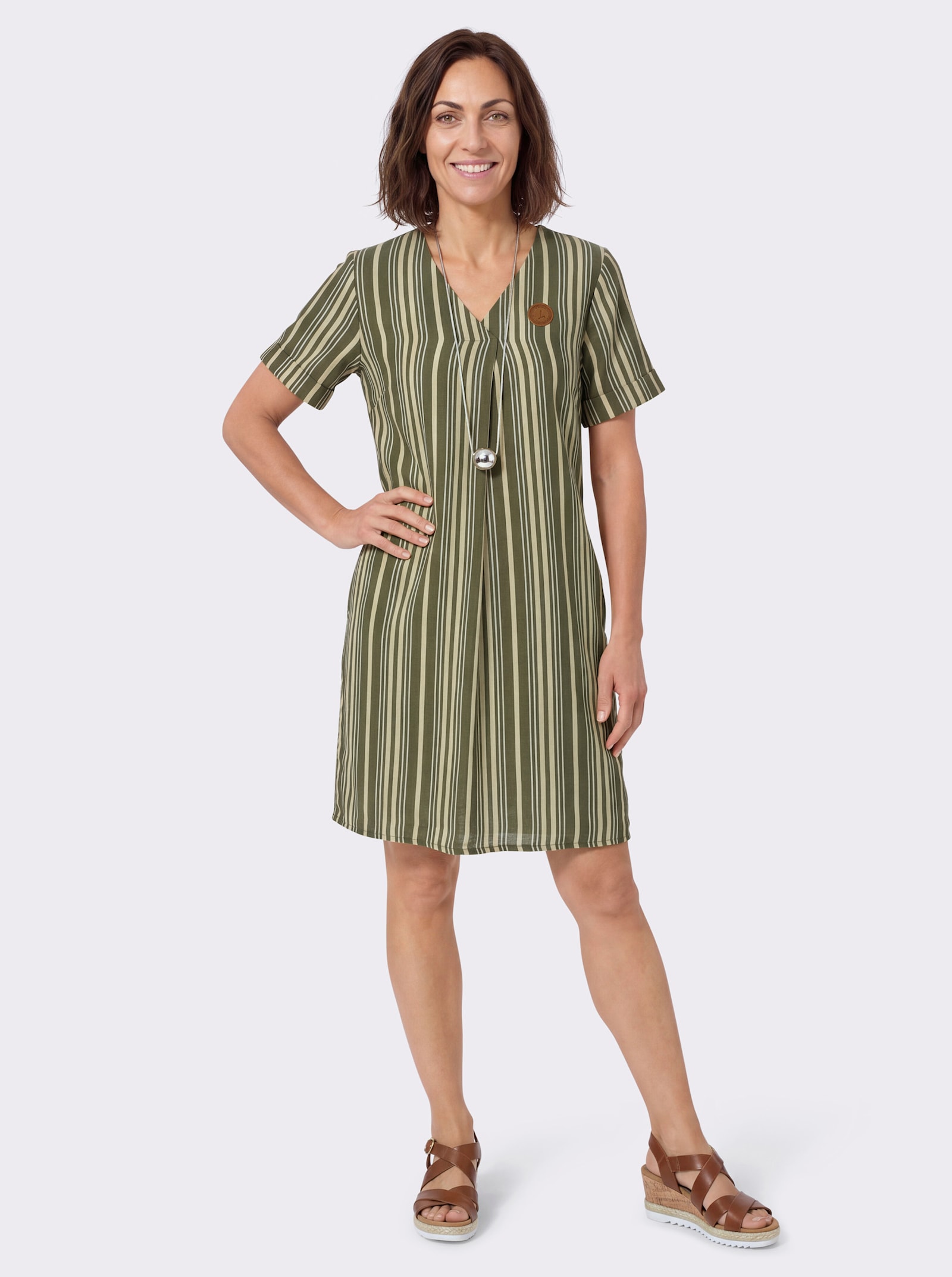 Webkleid in A-Form - oliv-sand-gestreift
