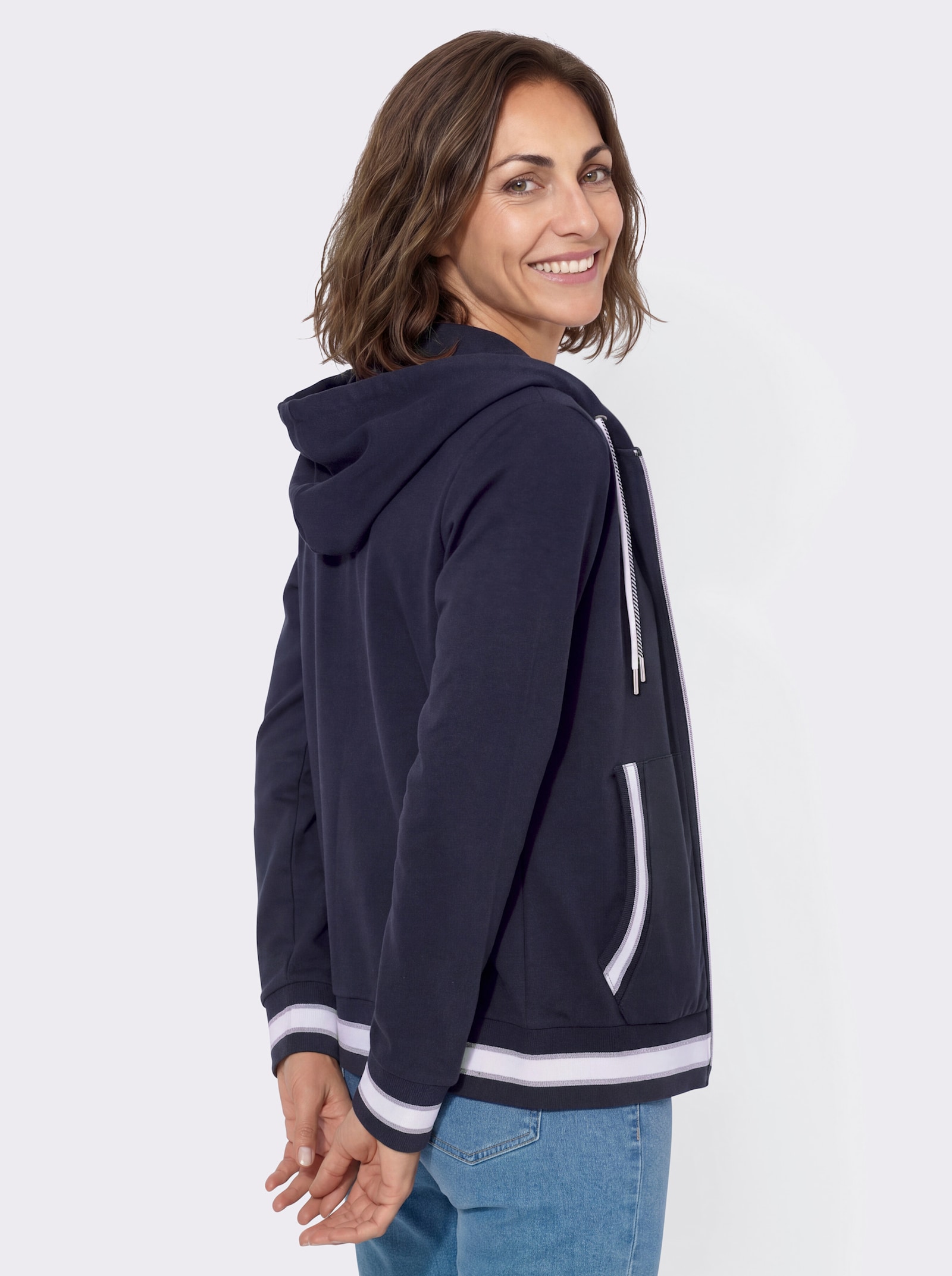 Sweatjacke mit Känguru-Tasche - marine-ecru