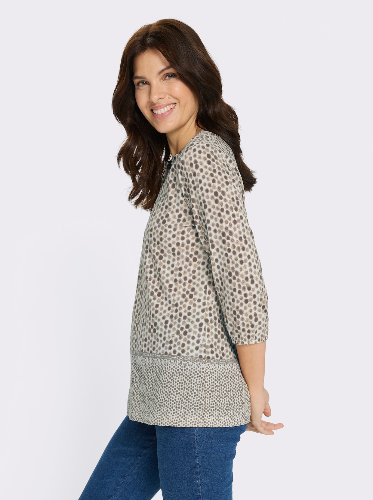 3/4-Arm-Shirt mit Fake-Bordüre - dunkeltaupe-ecru-bedruckt