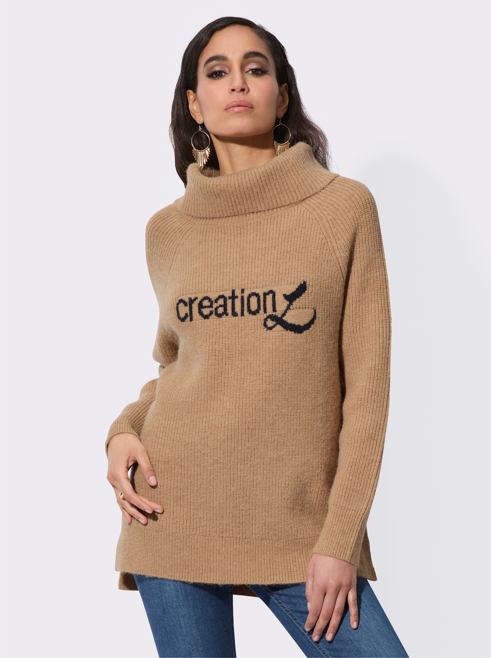 Rollkragenpullover mit Jacquard-Schriftzug - camel-ecru-meliert