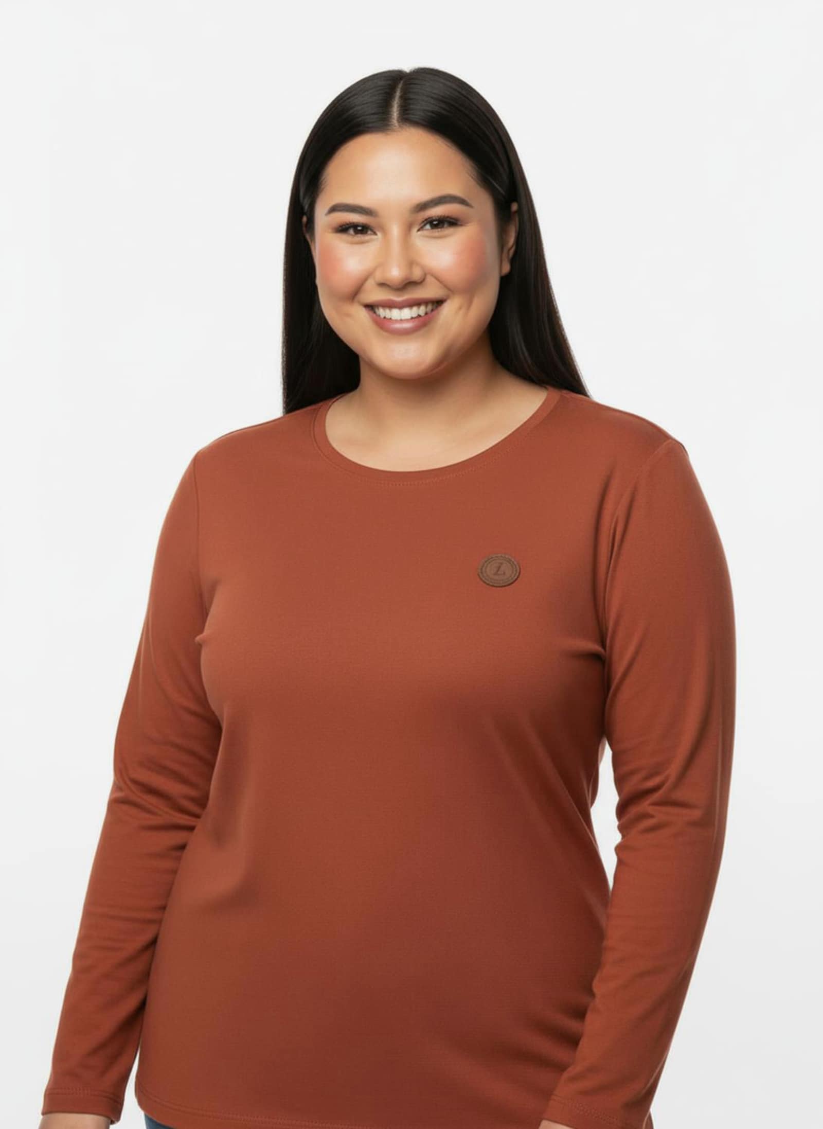 Longsleeve mit paspeliertem Rundhals-Ausschnitt - rostrot