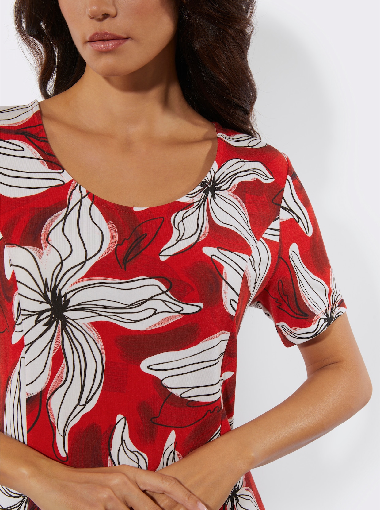 Jerseykleid - rot-champagner-bedruckt