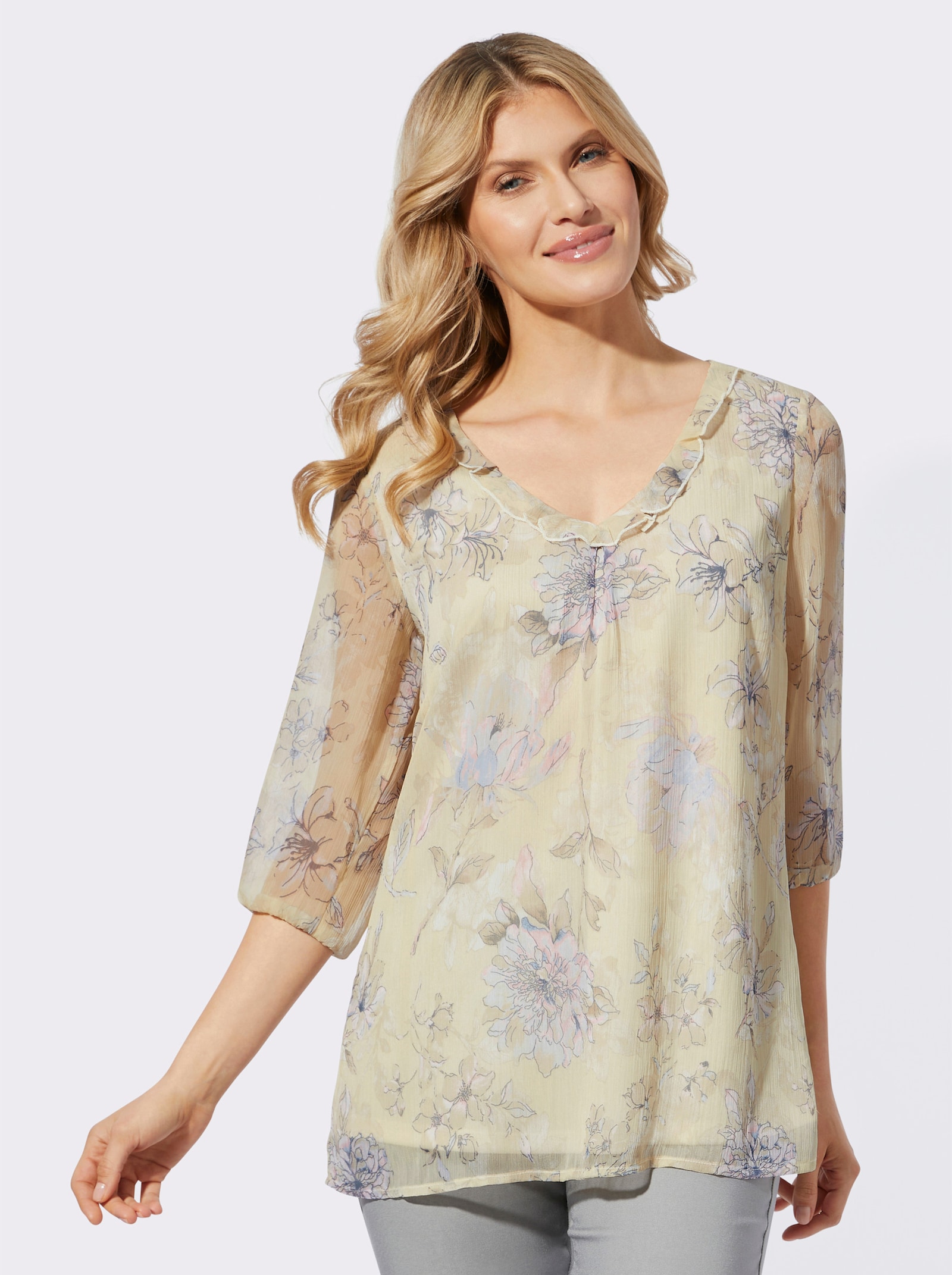 Schlupfbluse mit Volant am Ausschnitt - sand-hortensie-bedruckt
