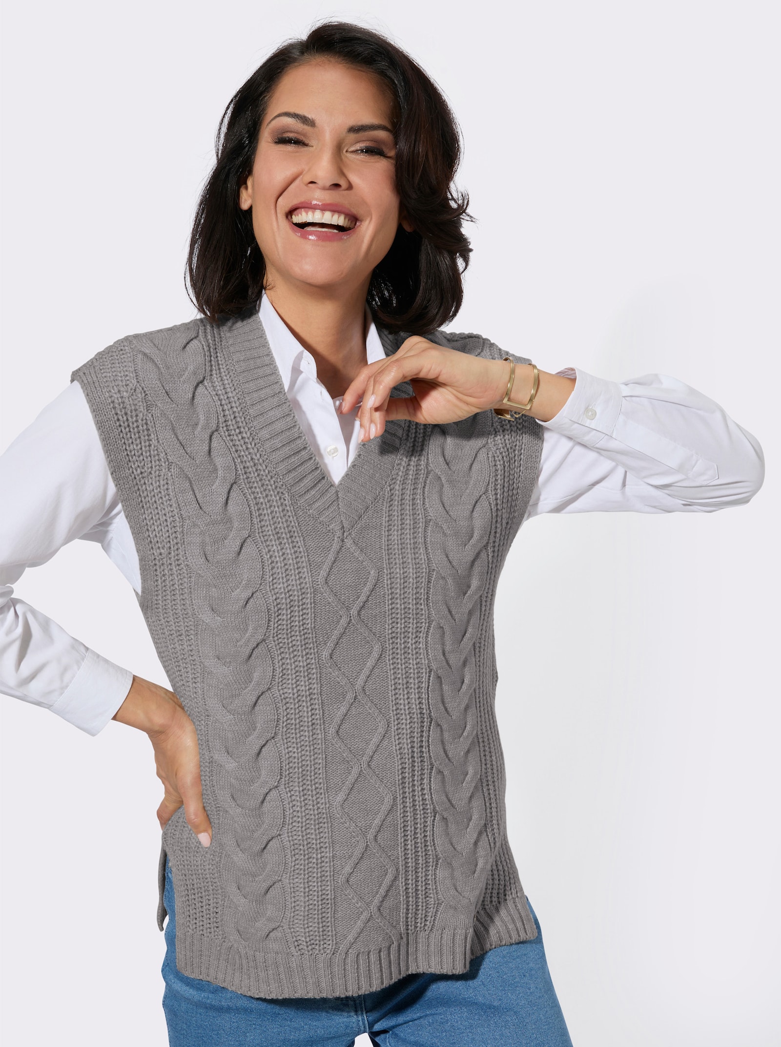 Pullunder mit großzügigem V-Ausschnitt - steingrau-meliert