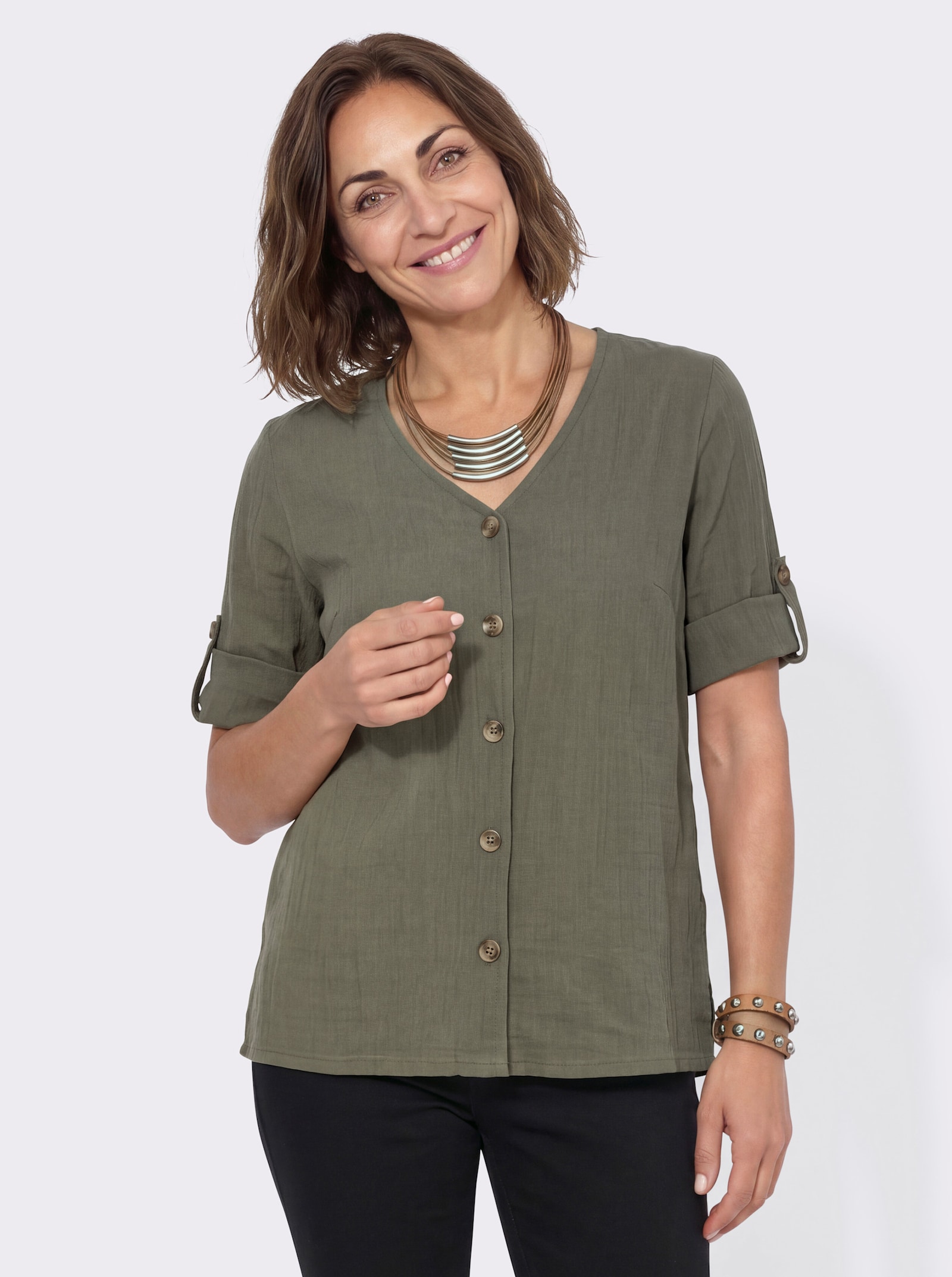 3/4-Arm-Bluse mit Krempelfunktion - khaki