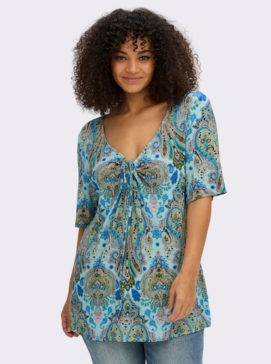 sheego Print-Shirt mit herzförmigem Ausschnitt - aquamarin-royalblau-gemustert
