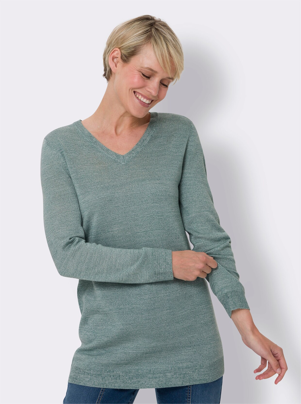 Longpullover - jade-ecru-meliert