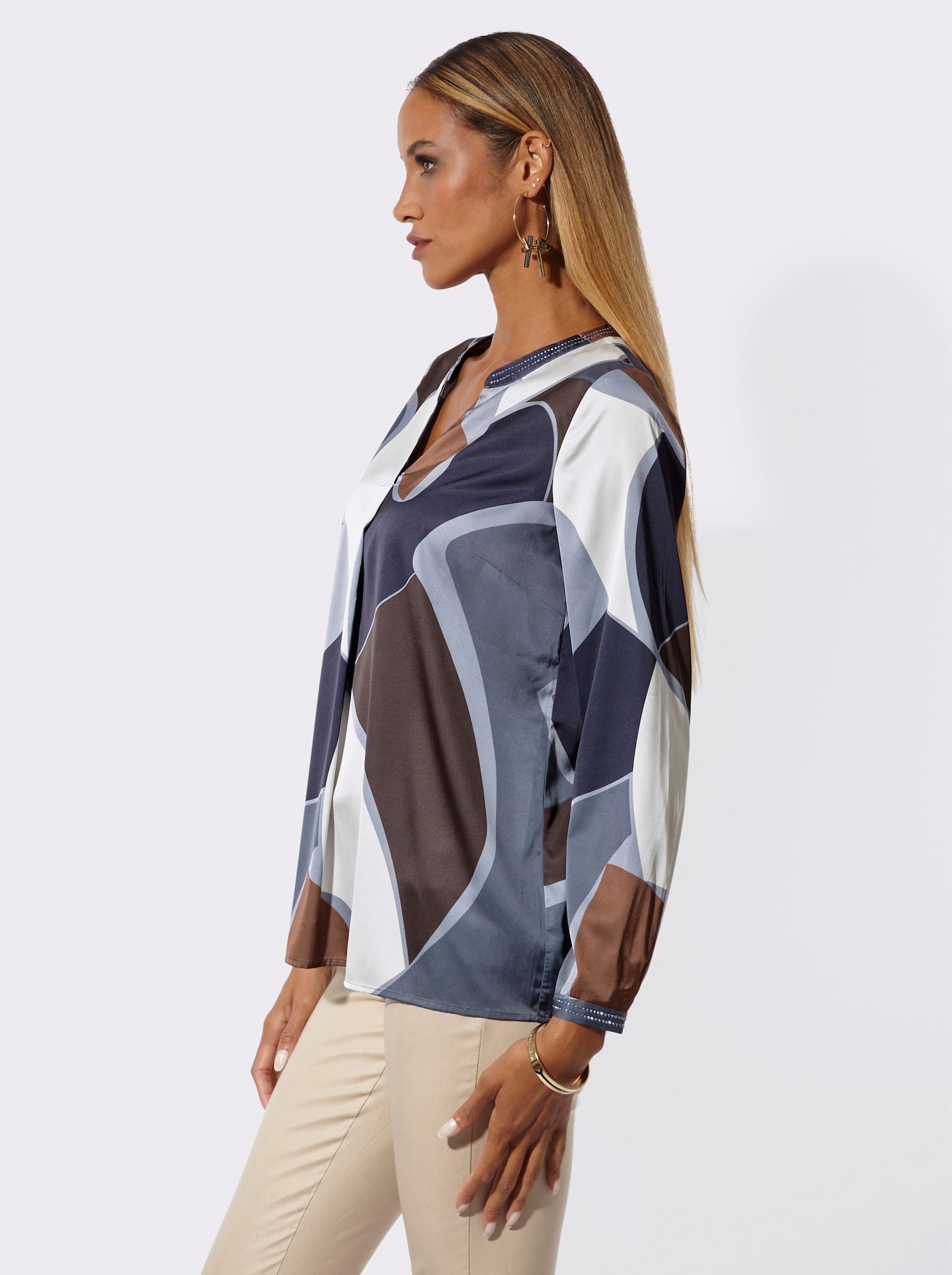 Langarm-Bluse in Satin-Qualität - rauchblau-champagner-bedruckt