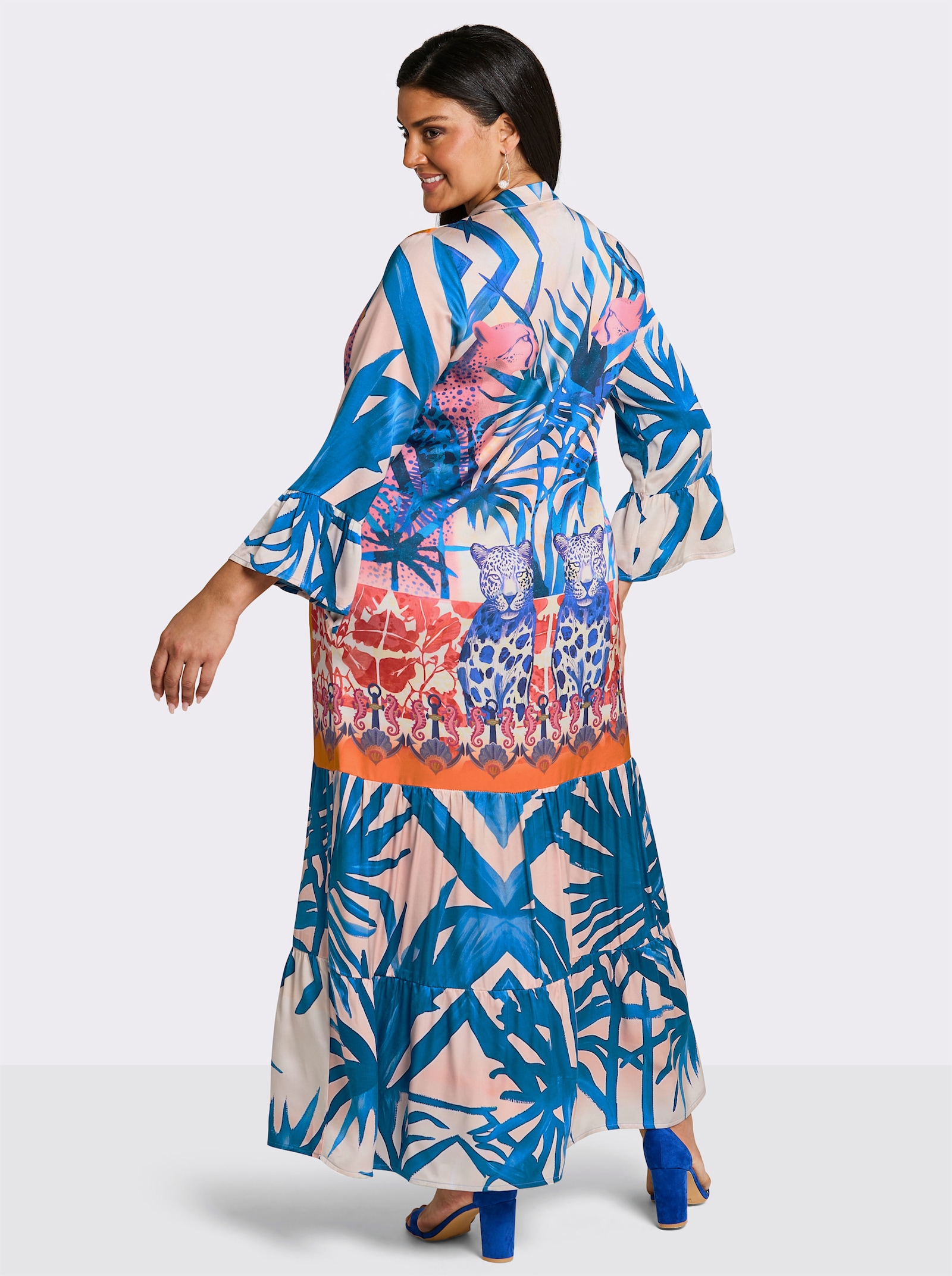sheego loves miss goodlife Volantjurk in maxilengte - ecru/middenblauw bedrukt