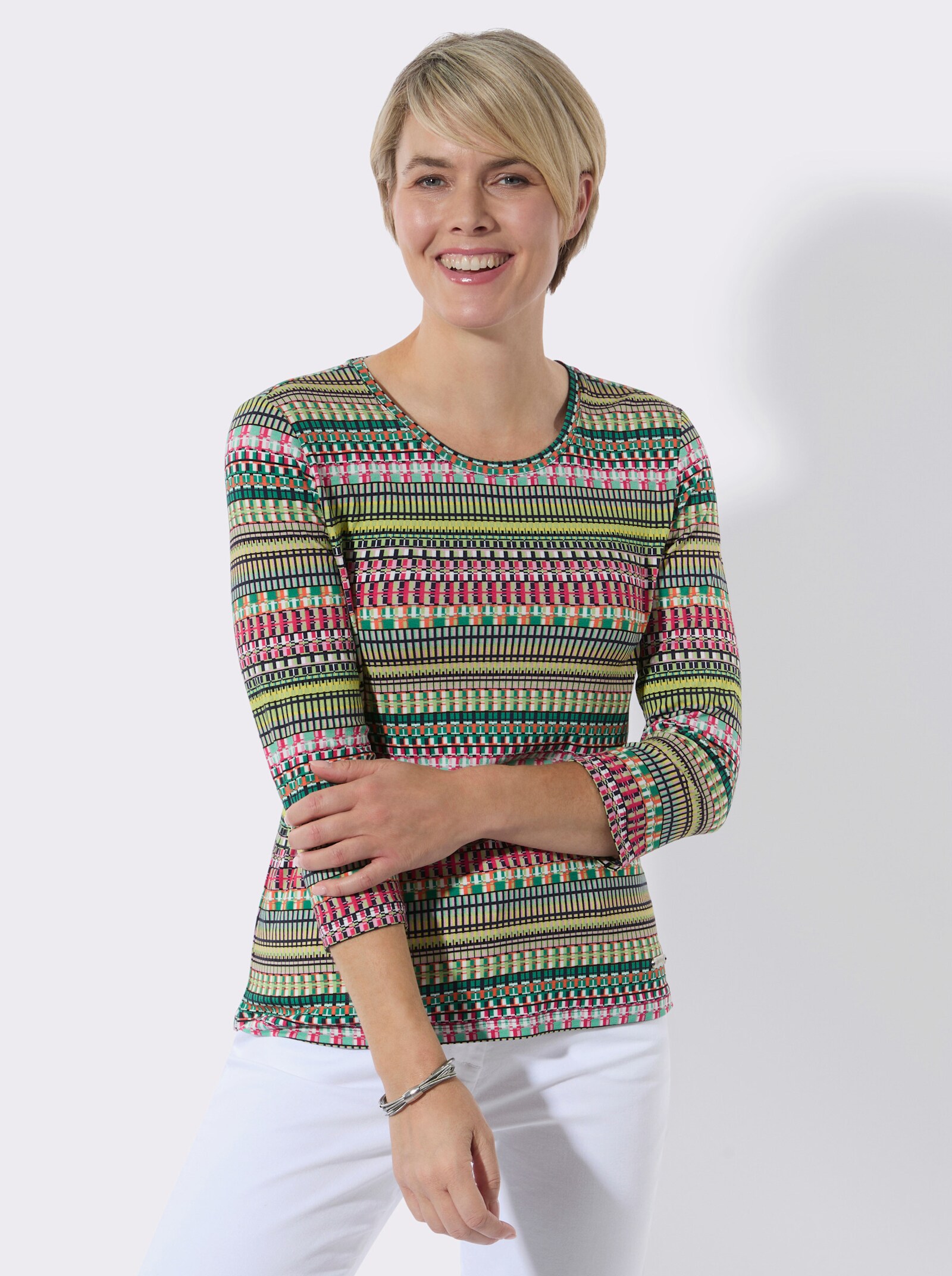3/4-Arm-Shirt in Viskose-Stretch-Qualität - smaragd-pink-bedruckt
