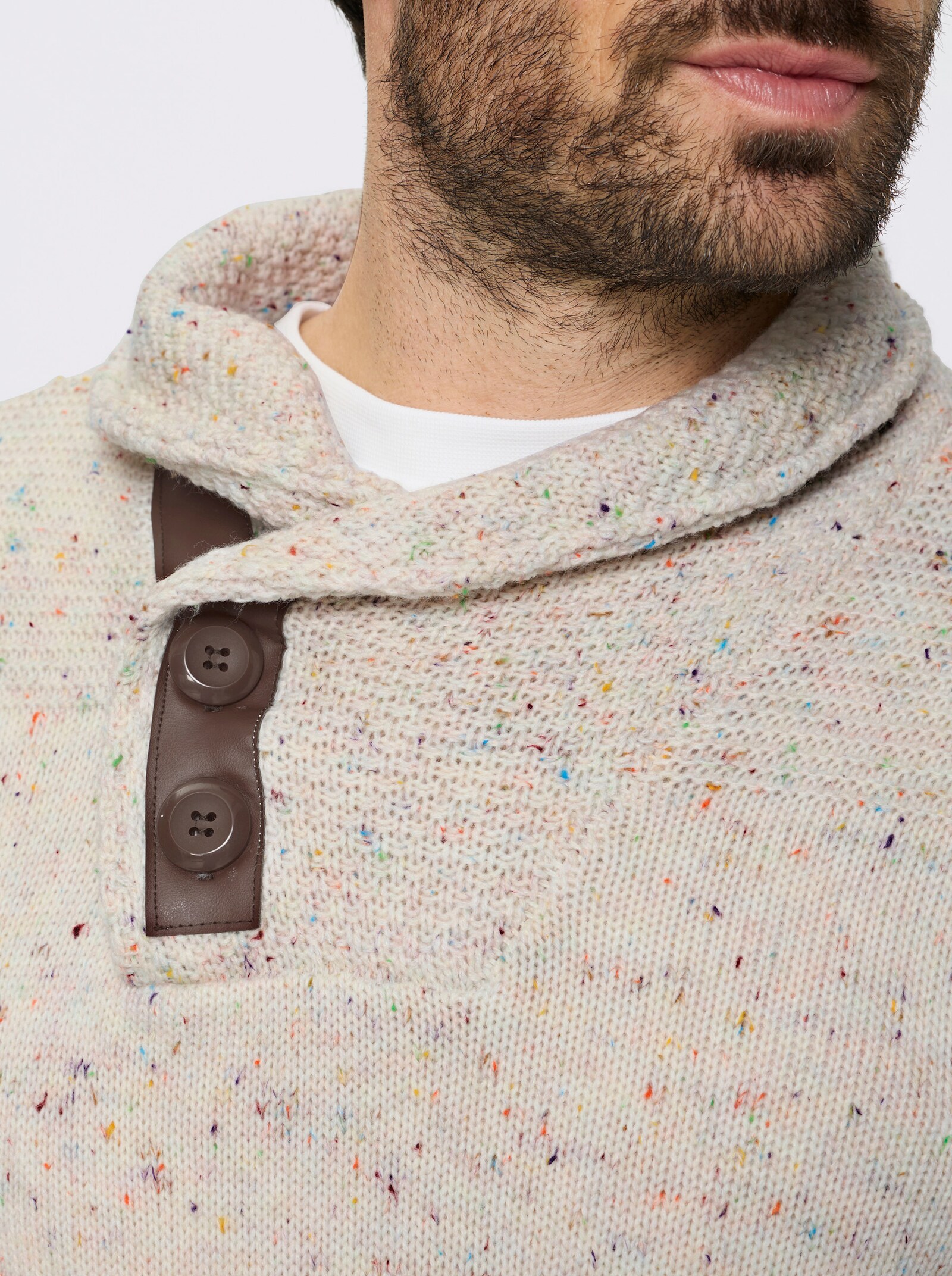 Marco Donati Schalkragenpullover mit Leder-Imitat-Besatz - ecru-gemustert