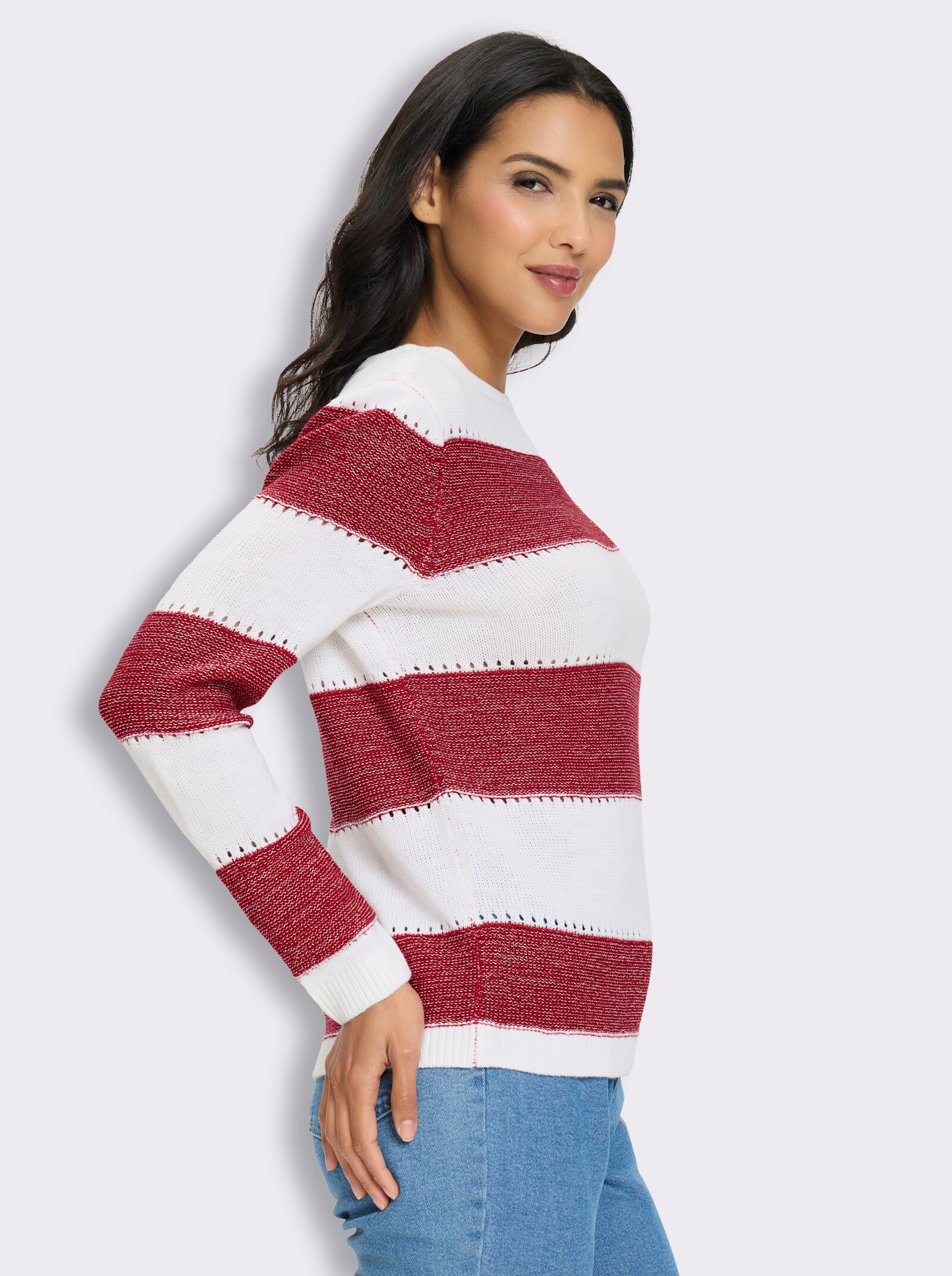 Langarm-Pullover mit Glanzgarn, Streifen-Muster - rot-ecru-gemustert