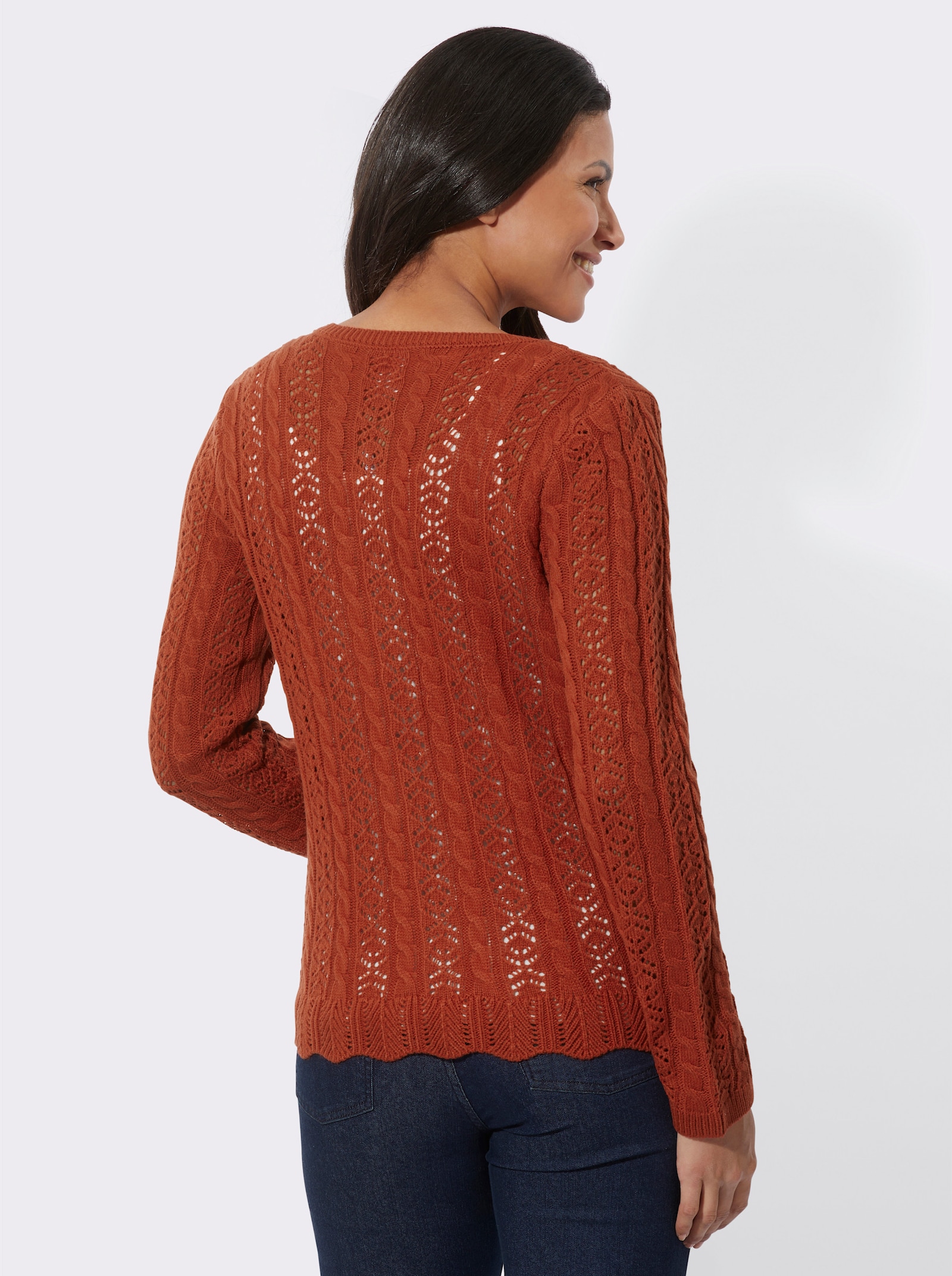 Ajourstrickjacke mit Wellensaum - rostrot