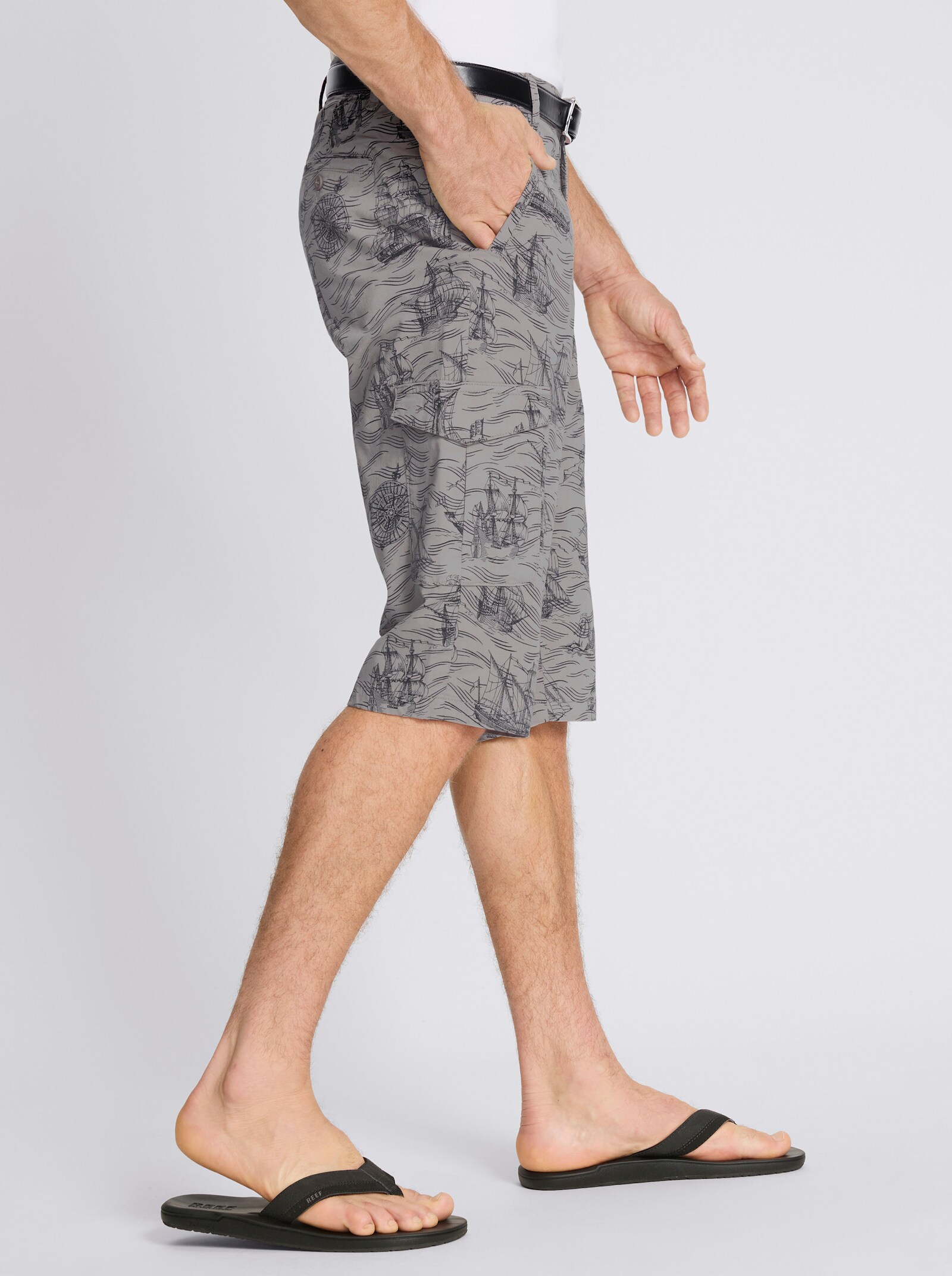 Bermudas mit Piratenschiff-Print, Twill - steingrau-bedruckt