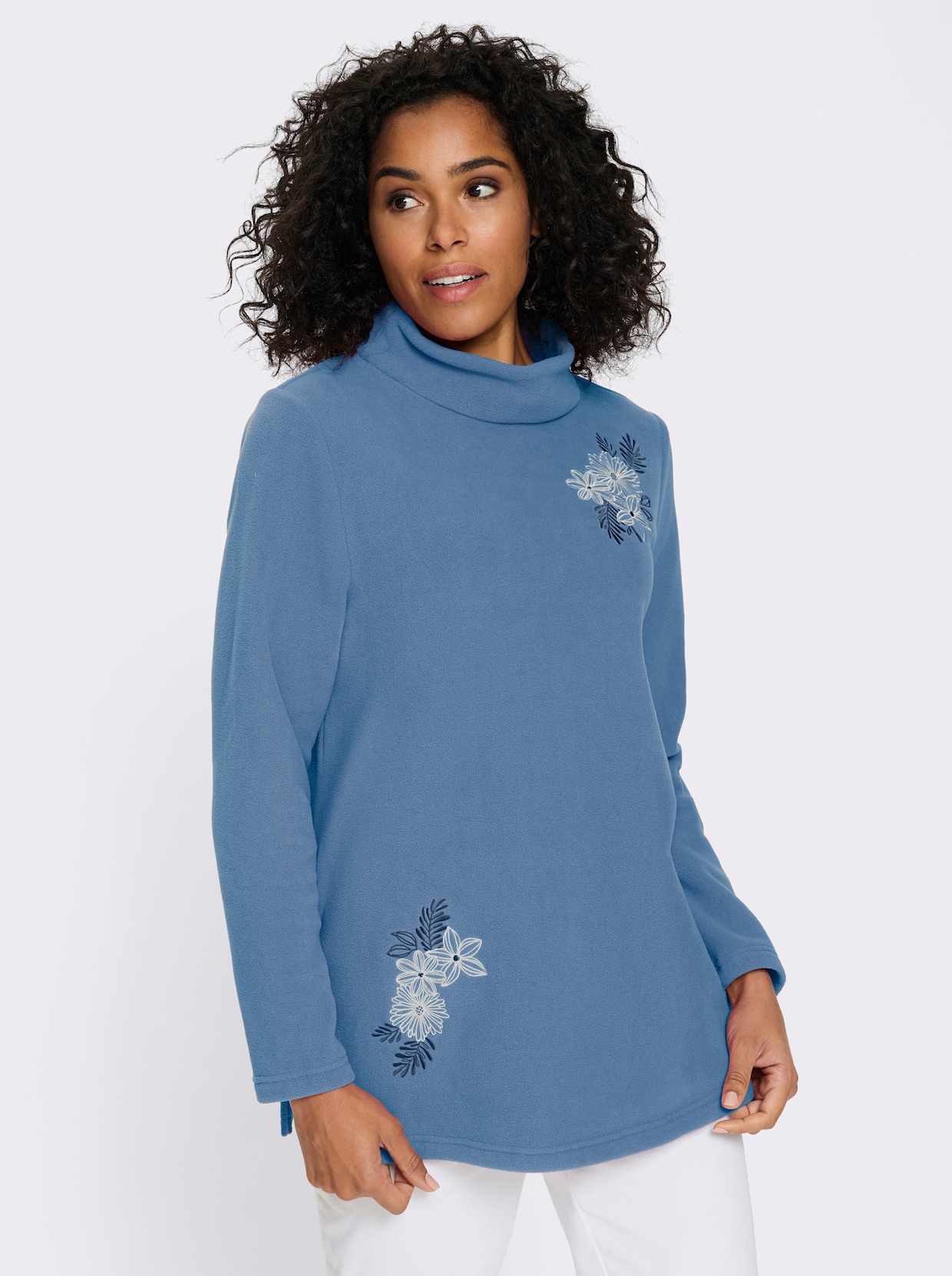 Fleeceshirt in Longform mit Stehkragen - mittelblau