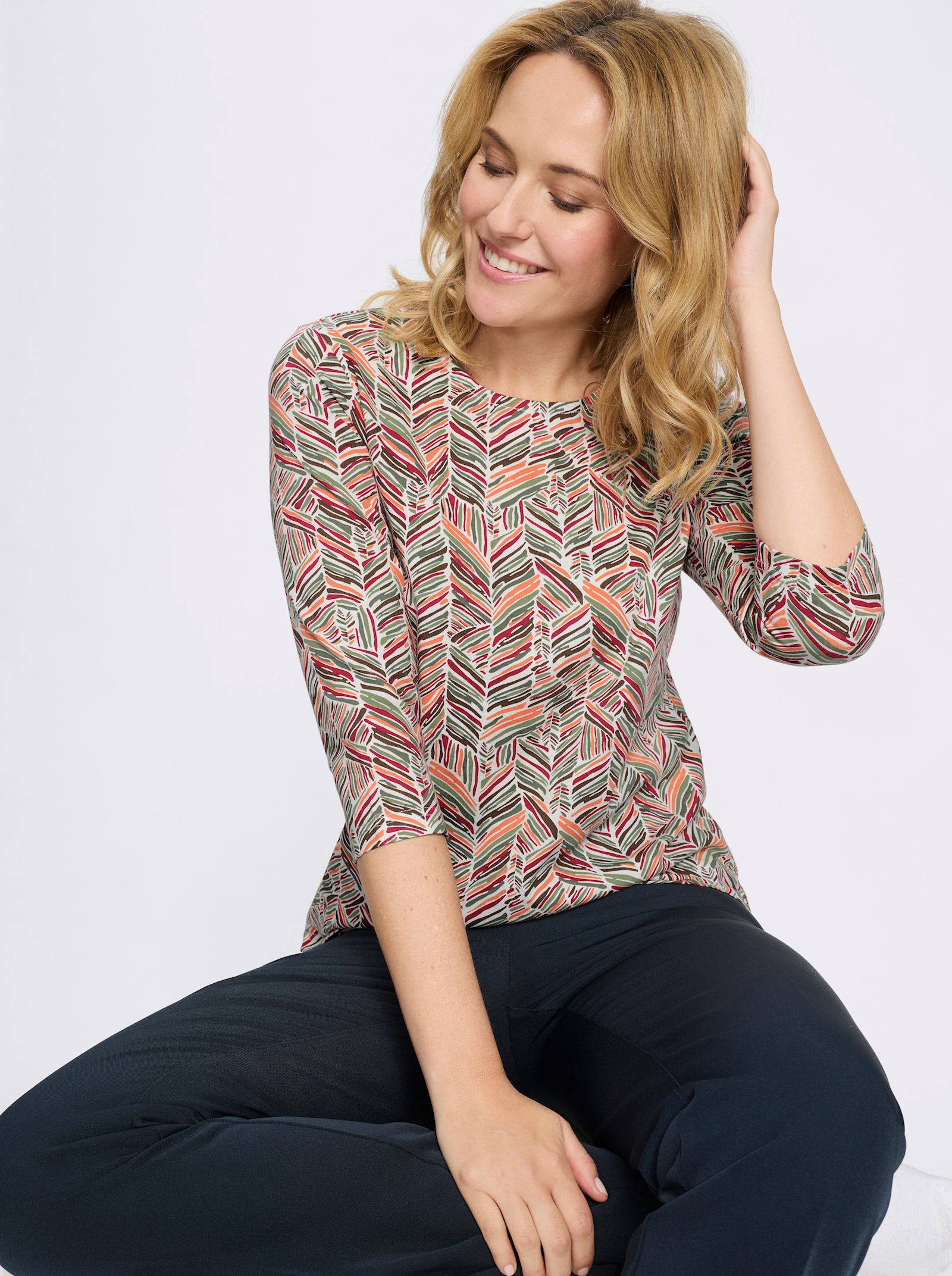 3/4-Arm-Shirt mit Zickzack-Muster - papaya-khaki-bedruckt