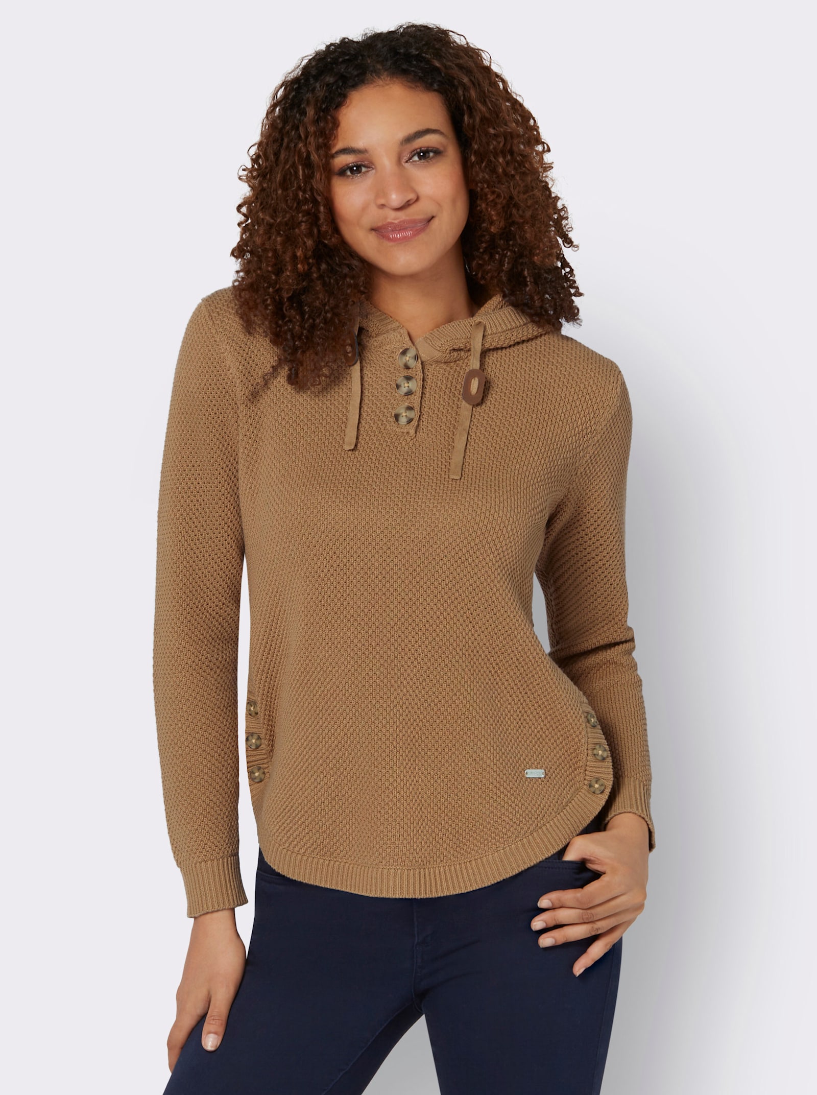 Pullover met capuchon en knopen in hoornlook - camel