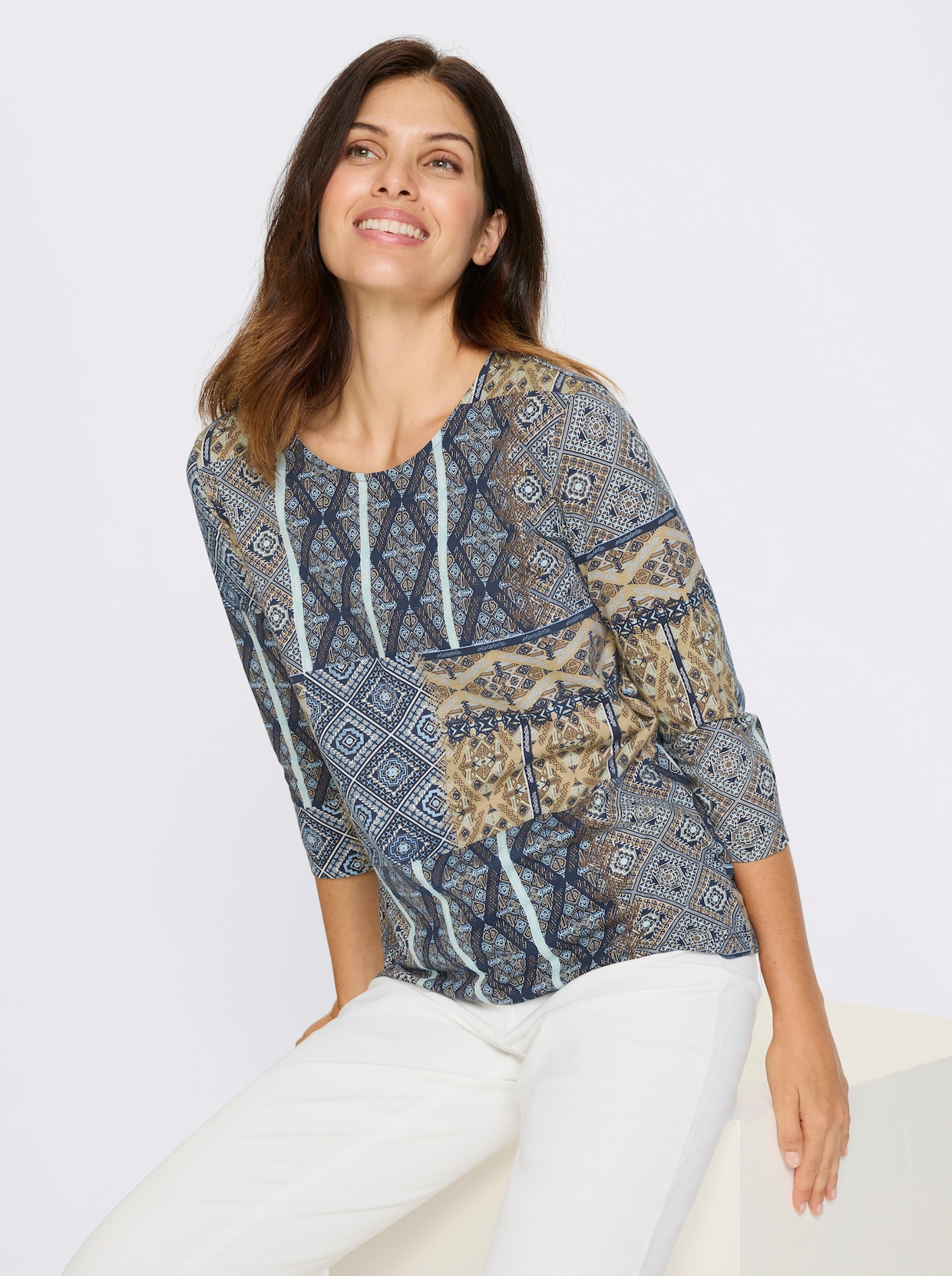 3/4-Arm-Shirt - marine-camel-bedruckt