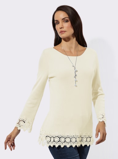 Langarm-Pullover mit Spitzenbordüre - champagner