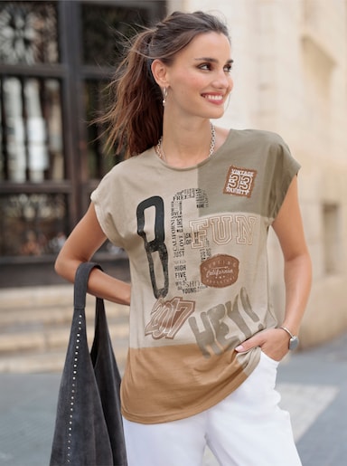 Kurzarmshirt mit Druck - sand-camel-bedruckt