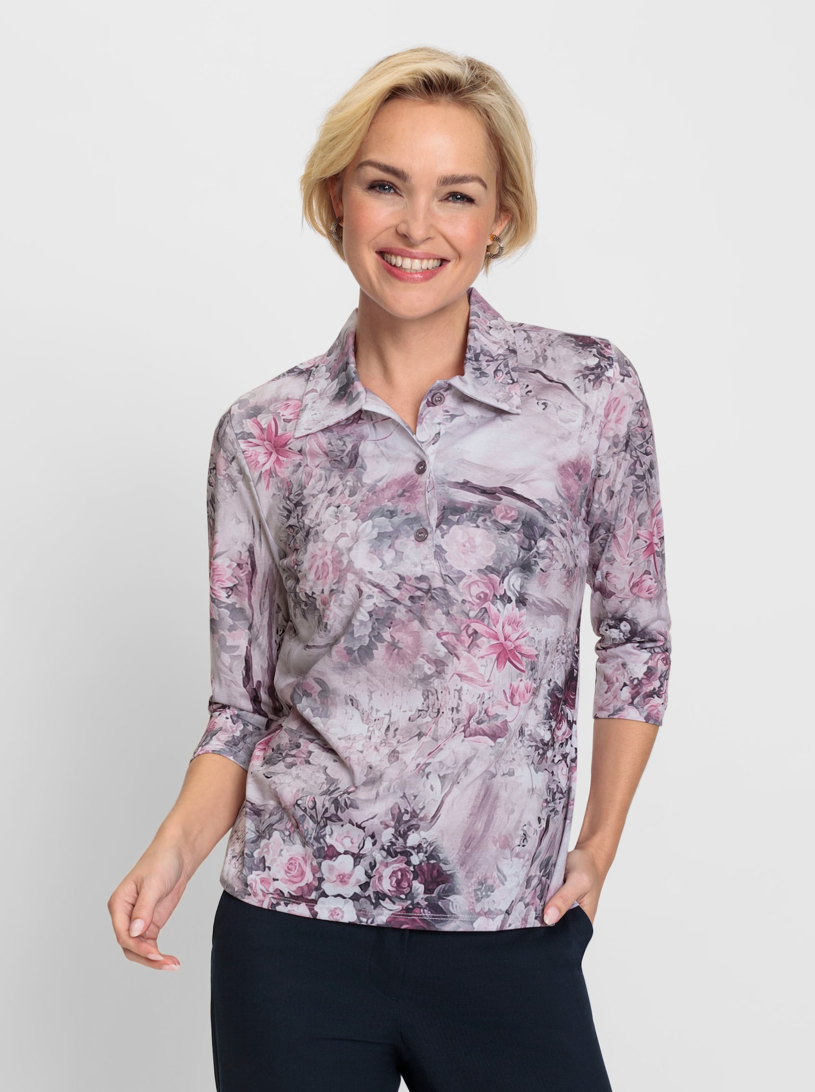 Poloshirt mit Blumendruck - rosé-steingrau-bedruckt