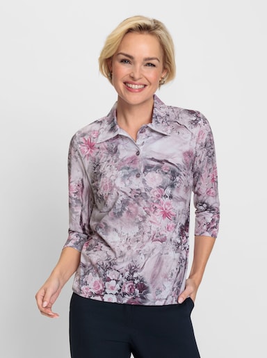 Poloshirt mit Blumendruck - rosé-steingrau-bedruckt