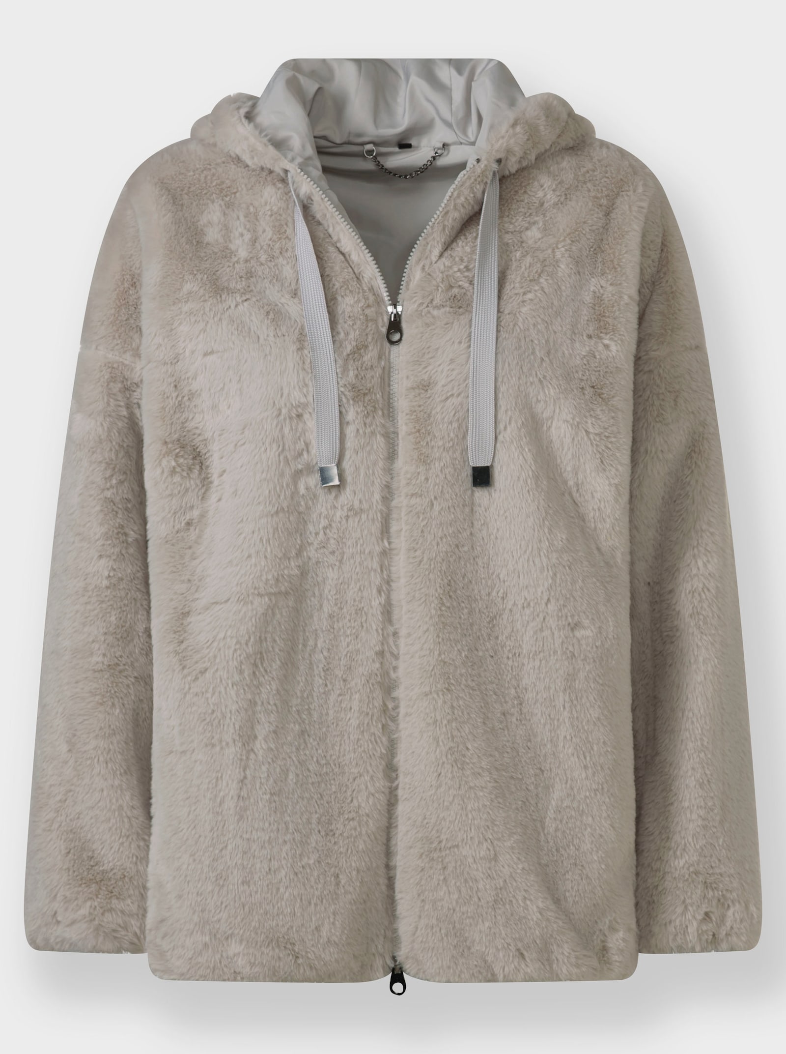Fellimitatjacke mit Gummizug an Ärmeln und Saum - hellgrau