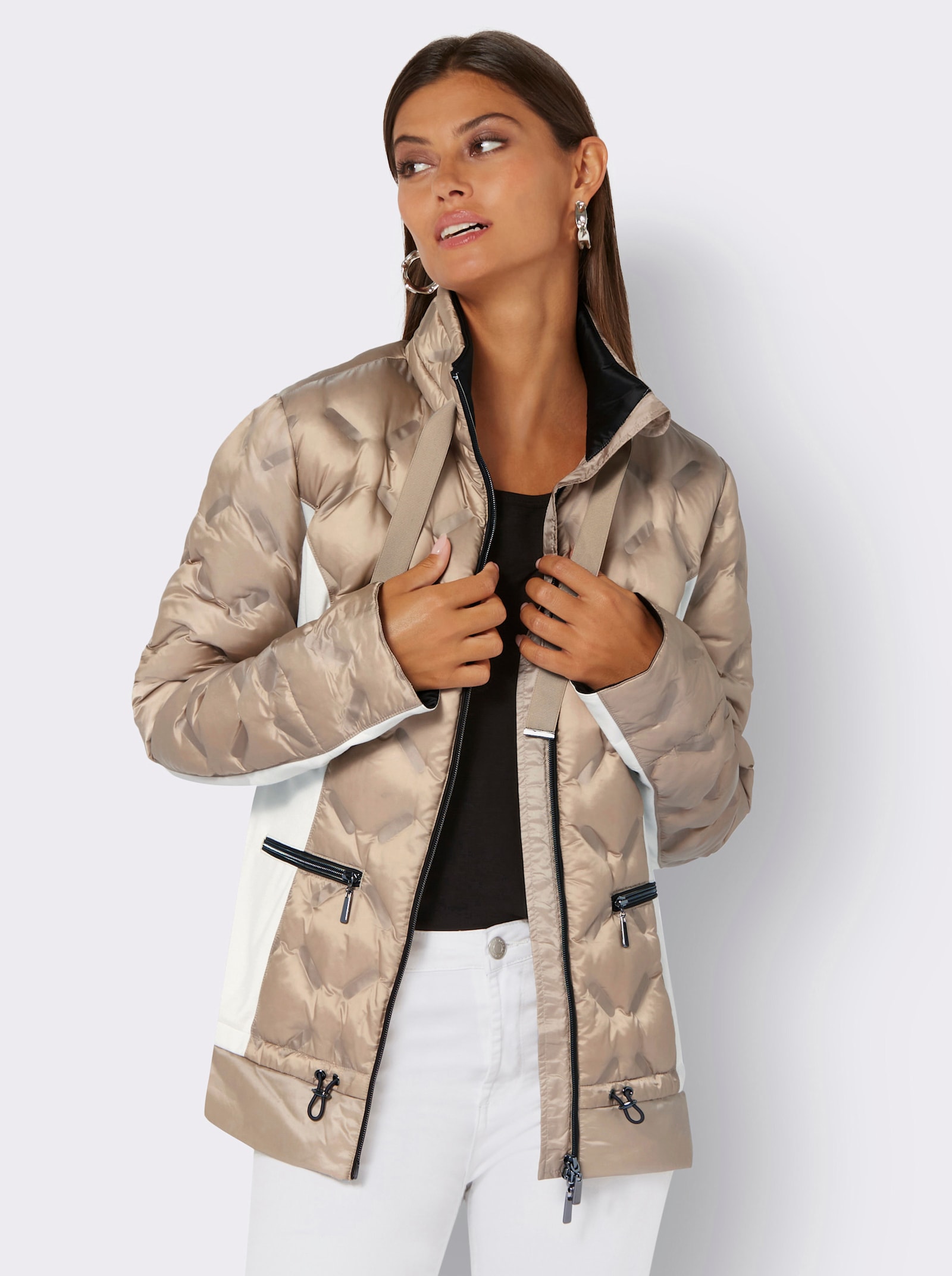 Leichtdaunenjacke mit seitlichen Jersey-Einsätzen - beige-ecru