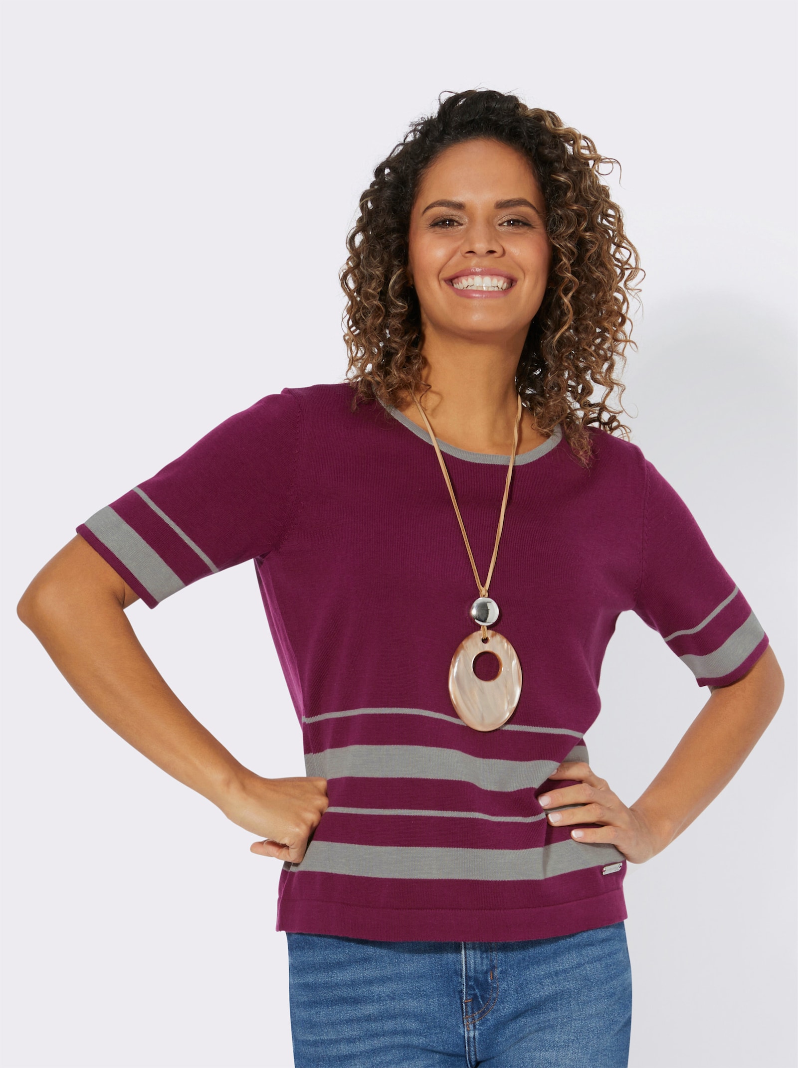 Pullover met korte mouwen en streeppatroon - malve/steengrijs gedessineerd