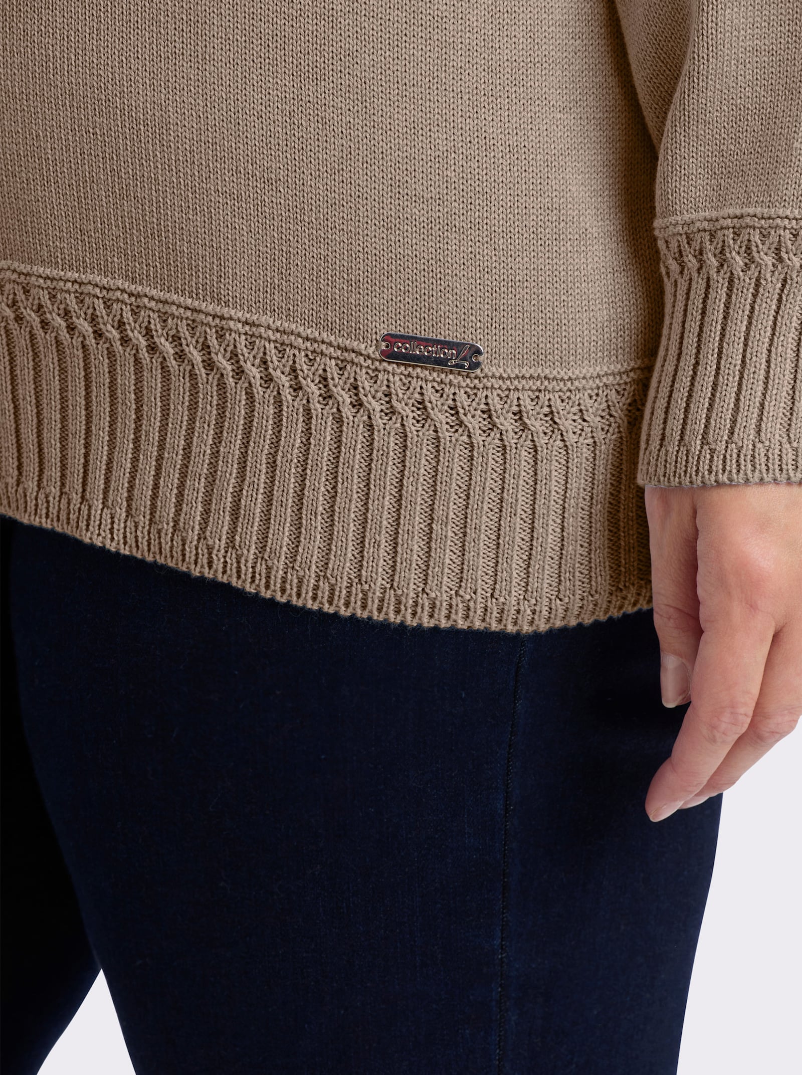 Stehkragenpullover mit Ripp-Abschlüssen - sesam
