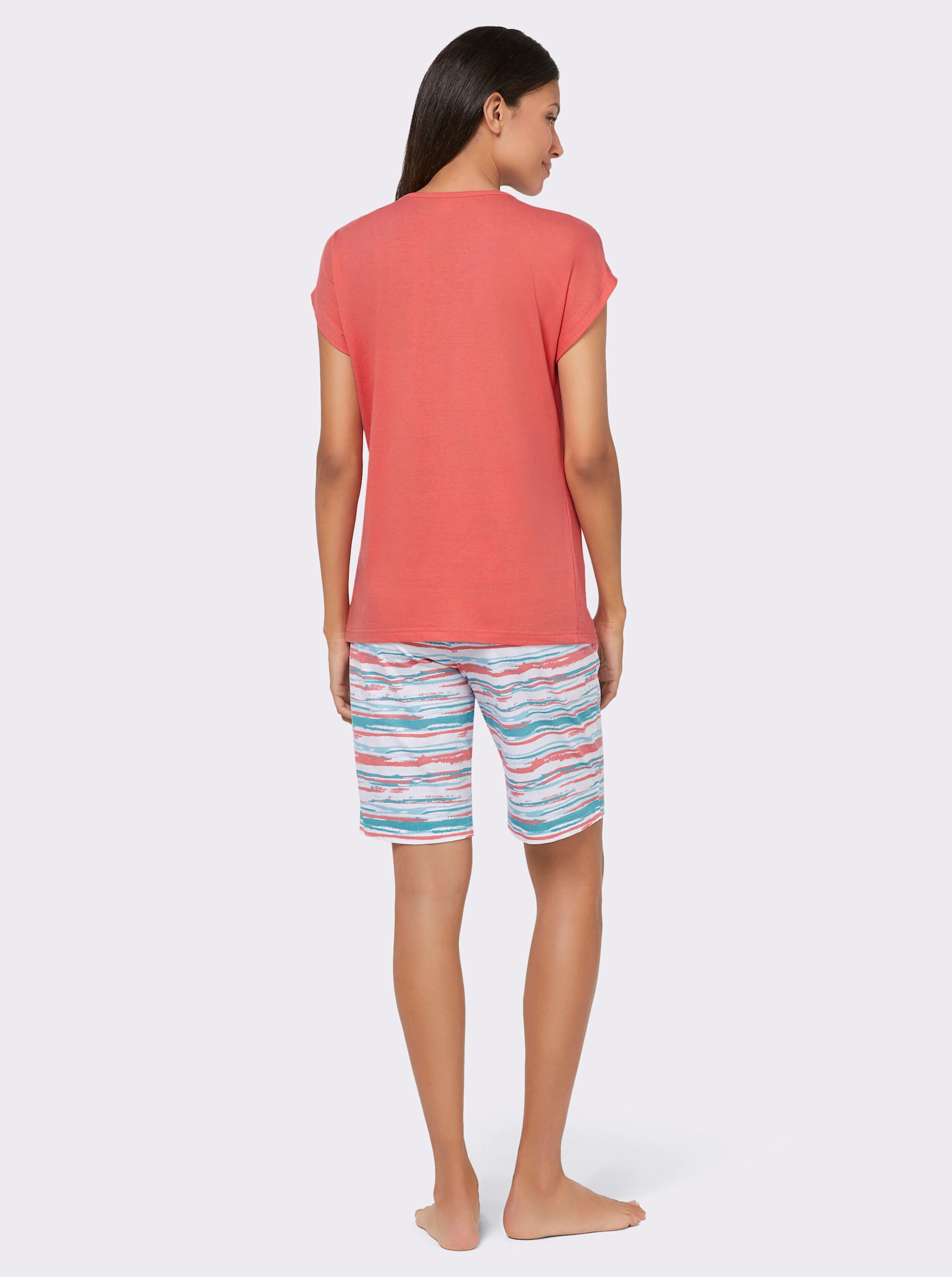 Kortärmad pyjamas i enkelstickad trikå - korall-ecru